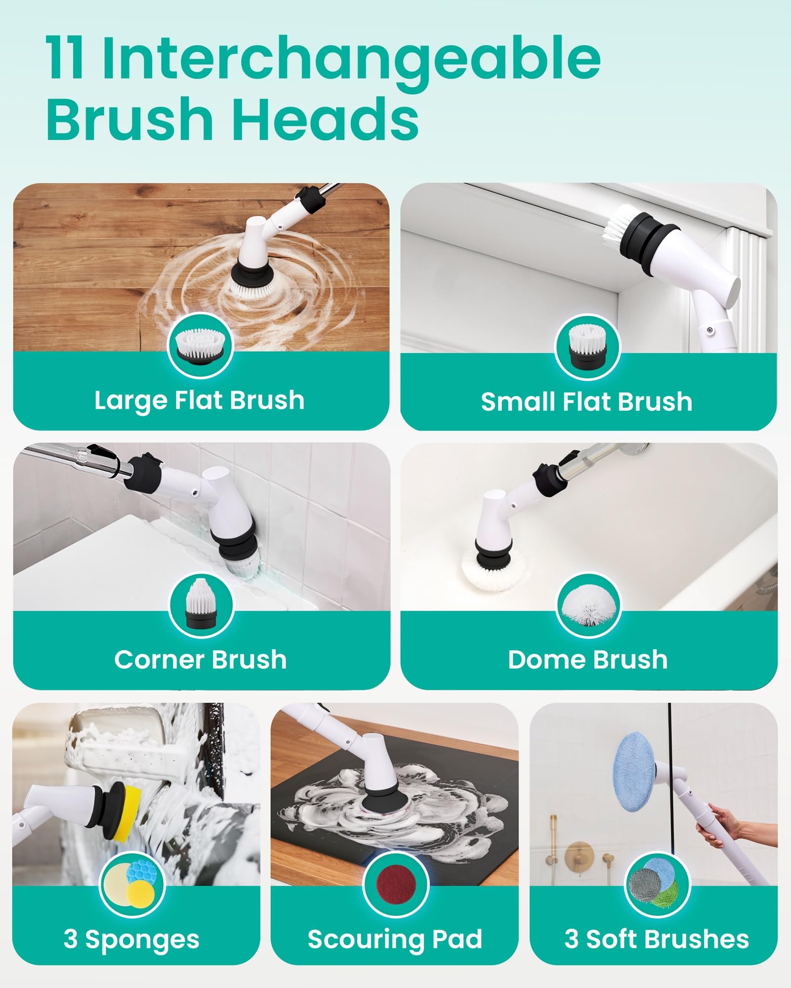 **Electric Spin Scrubber Cordless - 11 Replaceable Heads & Long Handle Bathroom Cleaning Brush for Tiles, Showers, Sinks & Grout - Powerful Cordless Scrubber for Deep Cleaning**