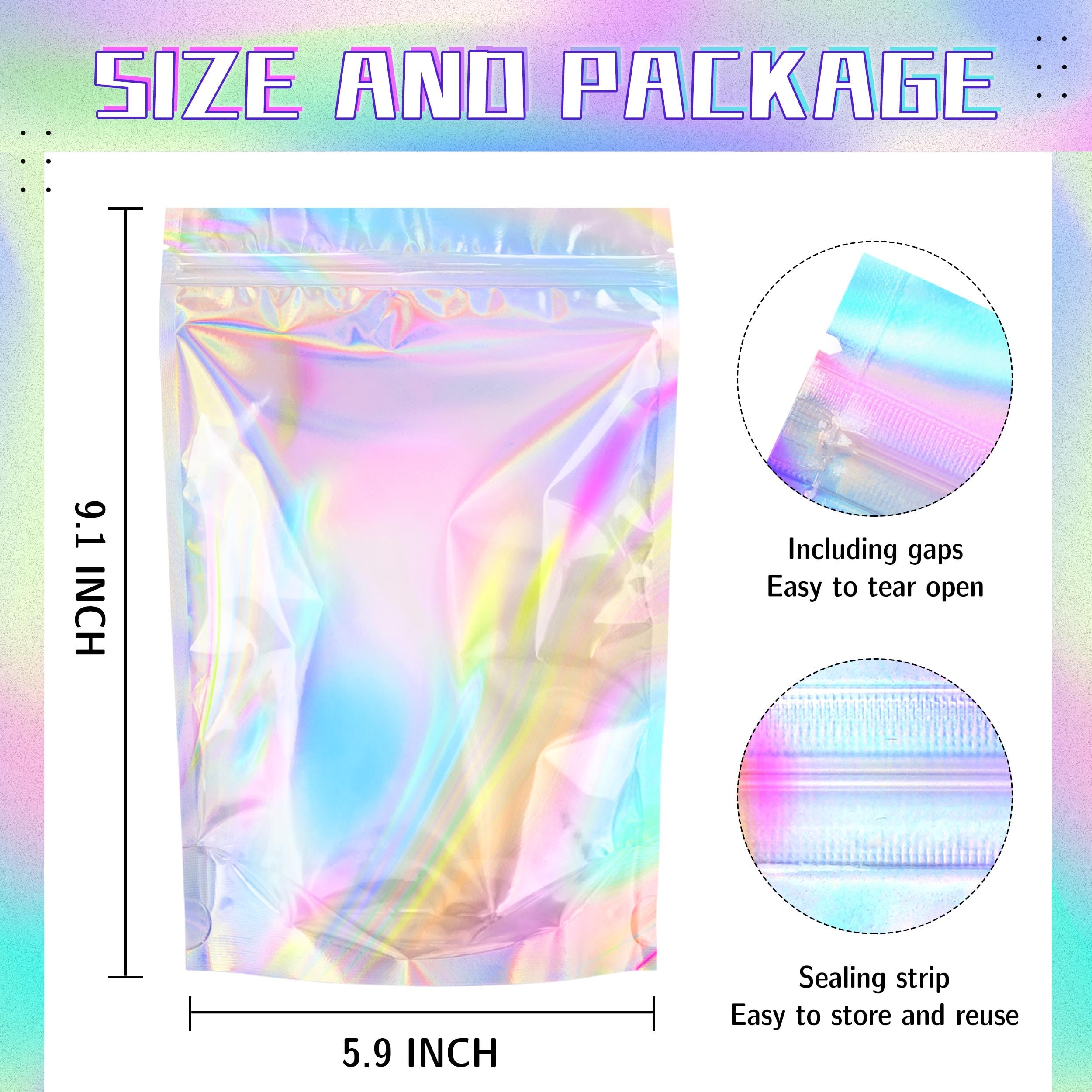 Stand Up Holographic Mylar Bags with Resealable Zipper - 6x9 Inch Small Business Packaging Supplies (100 Pack) | Perfect for Candy, Coffee, Tea & Snack Storage