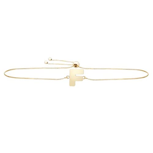 14K Solid Yellow Gold Letter A Adjustable Block Initial Bolo Friendship Bracelet with Drawstring Clasp – 9.25