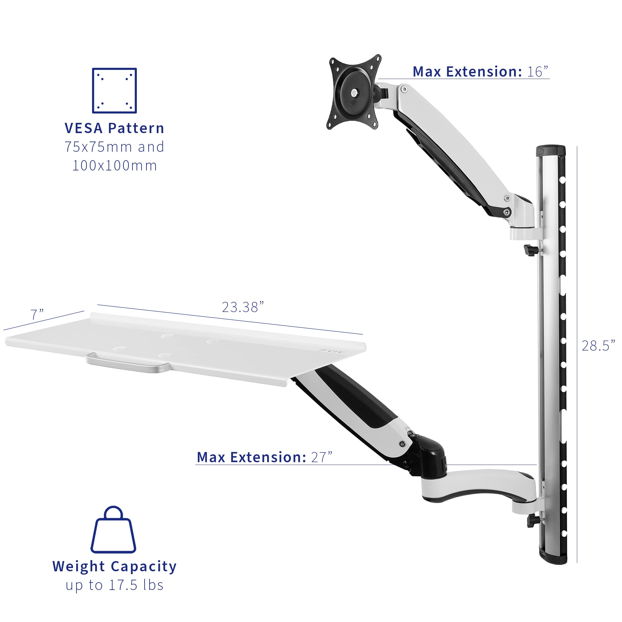 VIVO Adjustable Sit Stand Wall Mount Workstation for 27 Inch Monitors - Counterbalance Height Adjustable Monitor & Keyboard Stand, White STAND-SIT1KW - Perfect for Home Office, Gaming Setup & Ergonomic Workspace