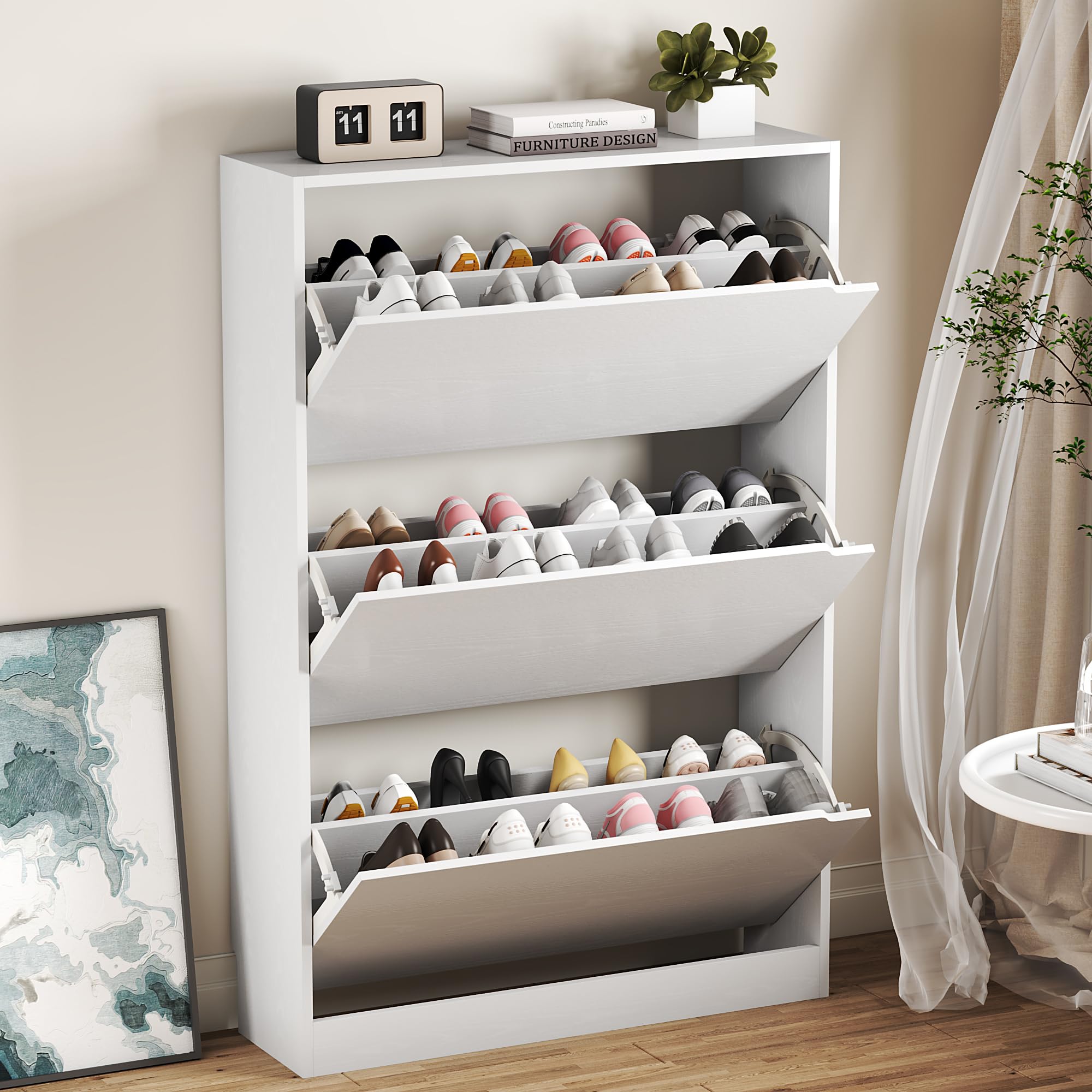 White Shoe Storage Cabinet with 3 Flip Drawers - Hidden Wooden Entryway Organizer (47.2