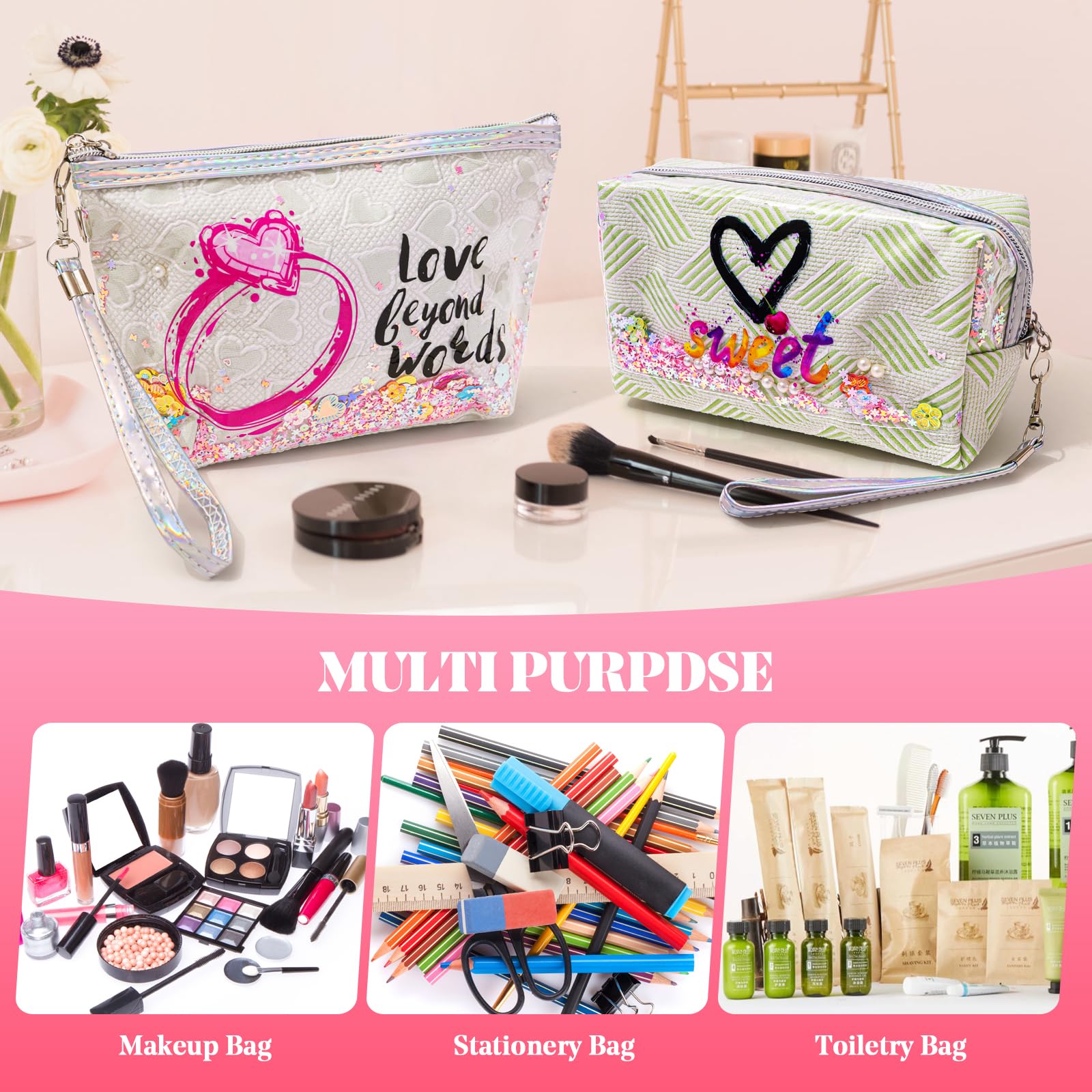 Waterproof Travel Makeup Bag - Large Capacity Cosmetic Organizer with Zipper & Handle - Portable Toiletry Case for Women - Perfect for Airplane, Gym & Vacation (2 Pack)