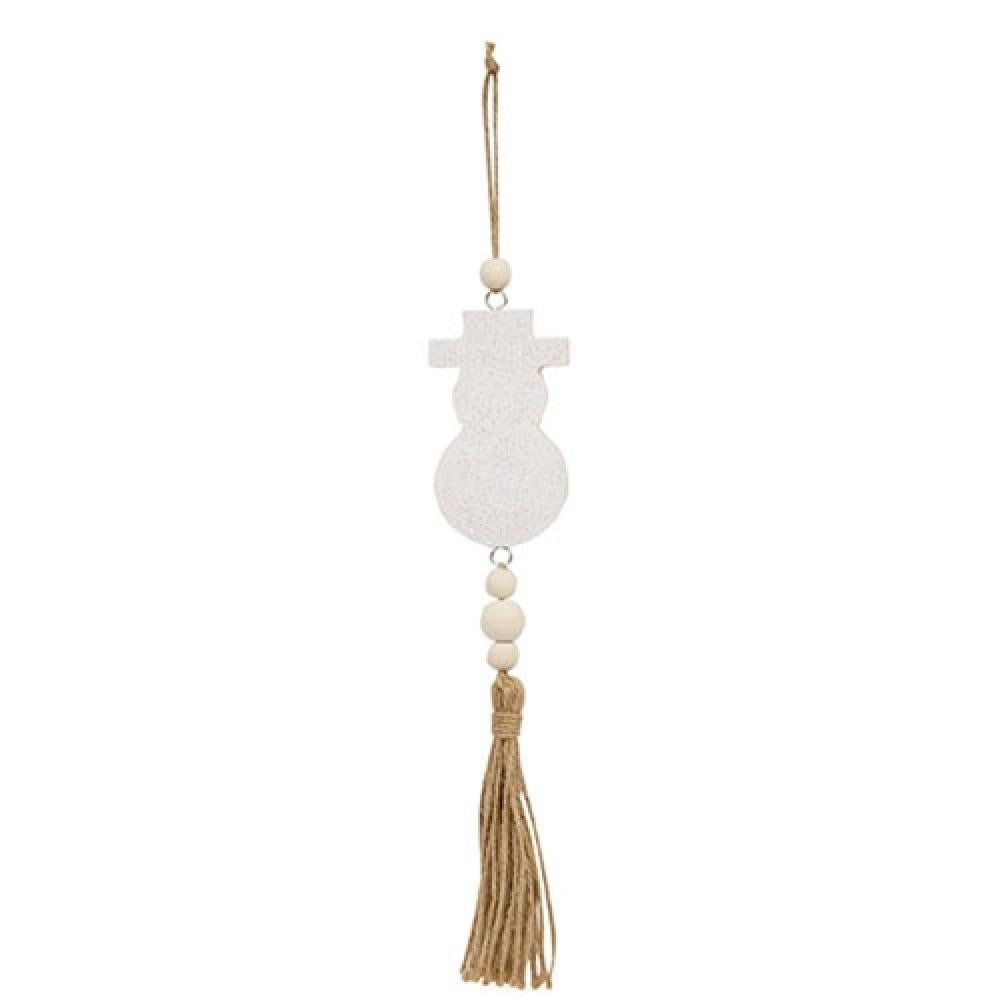 Glittered White Snowman Beaded Wood Ornament with Tassel - Christmas Tree Decoration, Holiday Home Decor, Winter Party Favors