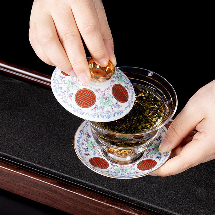 Premium Enamel Porcelain & Glass Gaiwan Tea Set - Traditional Chinese Brewing Cup for Loose Leaf Tea - Perfect for Tea Ceremonies, Home Use & Gifts