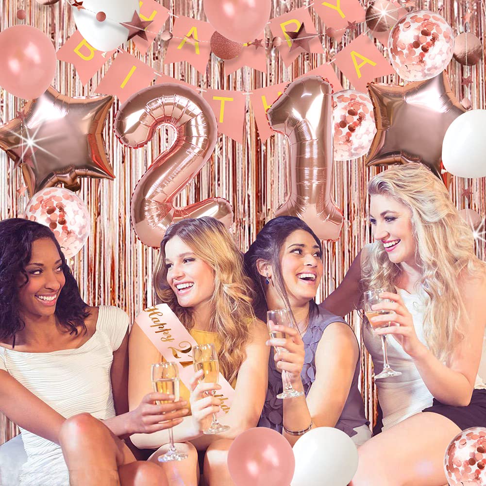 21st Birthday Party Decorations Set - Happy Birthday Banner, Cake Topper, Sash & 21 Foil Balloons for Women's Milestone Celebration | Perfect for Anniversary Decor, Backdrop & Special Occasions