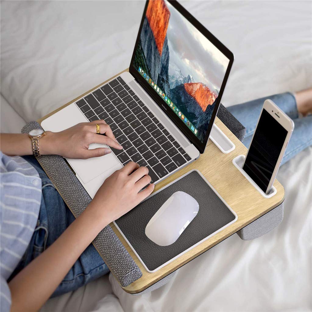 Adjustable Wooden Laptop Tray for Bed with Cushion Support - Built-in Mouse Pad & Wrist Rest for Notebook/Tablet - Includes Phone/Pen Holder for Writing & Reading (55x36.8x10cm) - Perfect for Home Office, Studying in Bed, or Relaxing with Laptop