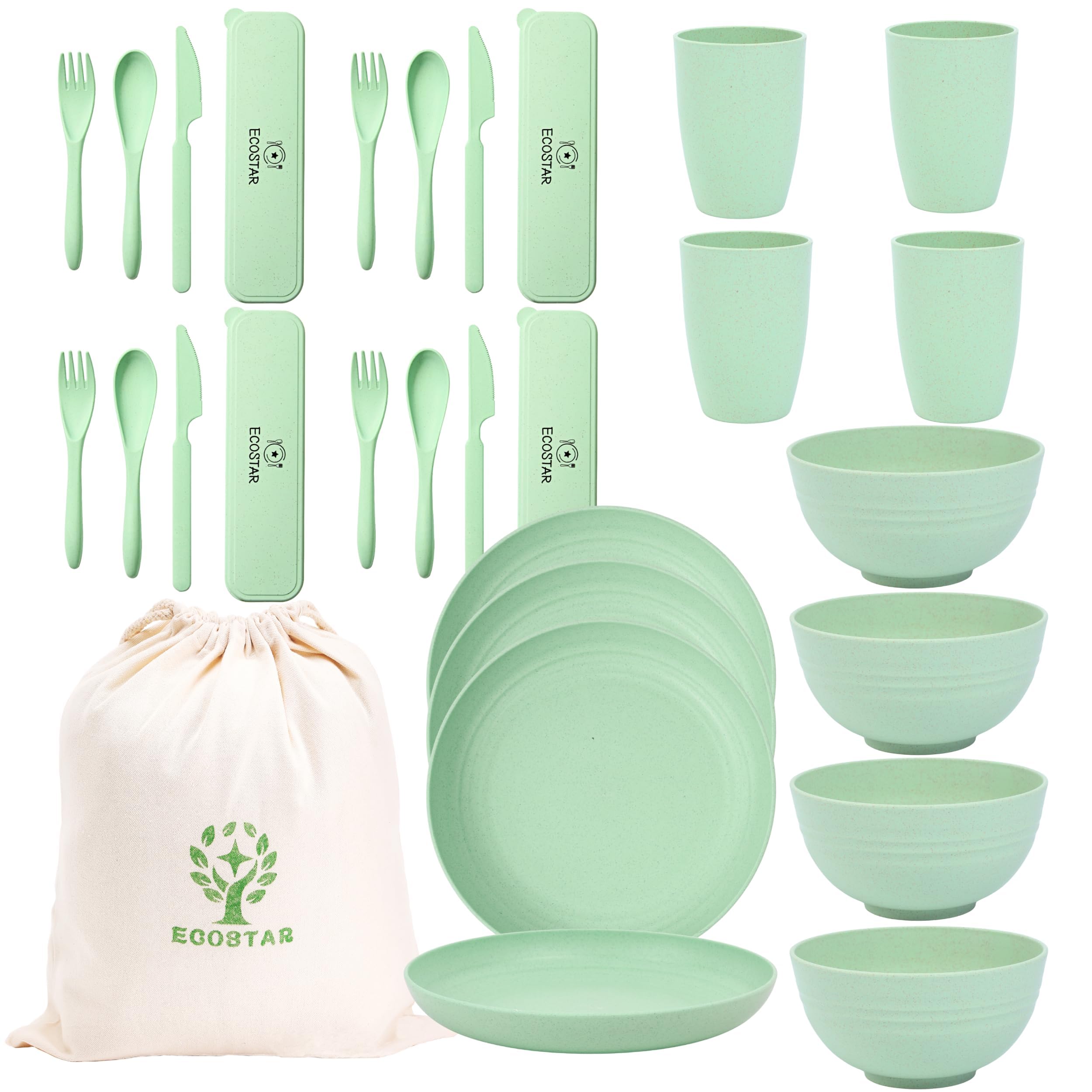 ECOSTAR Wheat Straw Dinnerware Set - Unbreakable Plates, Bowls & Cups | Reusable, Dishwasher & Microwave Safe | Eco-Friendly Tableware for Parties, Picnics & Daily Use (Green)