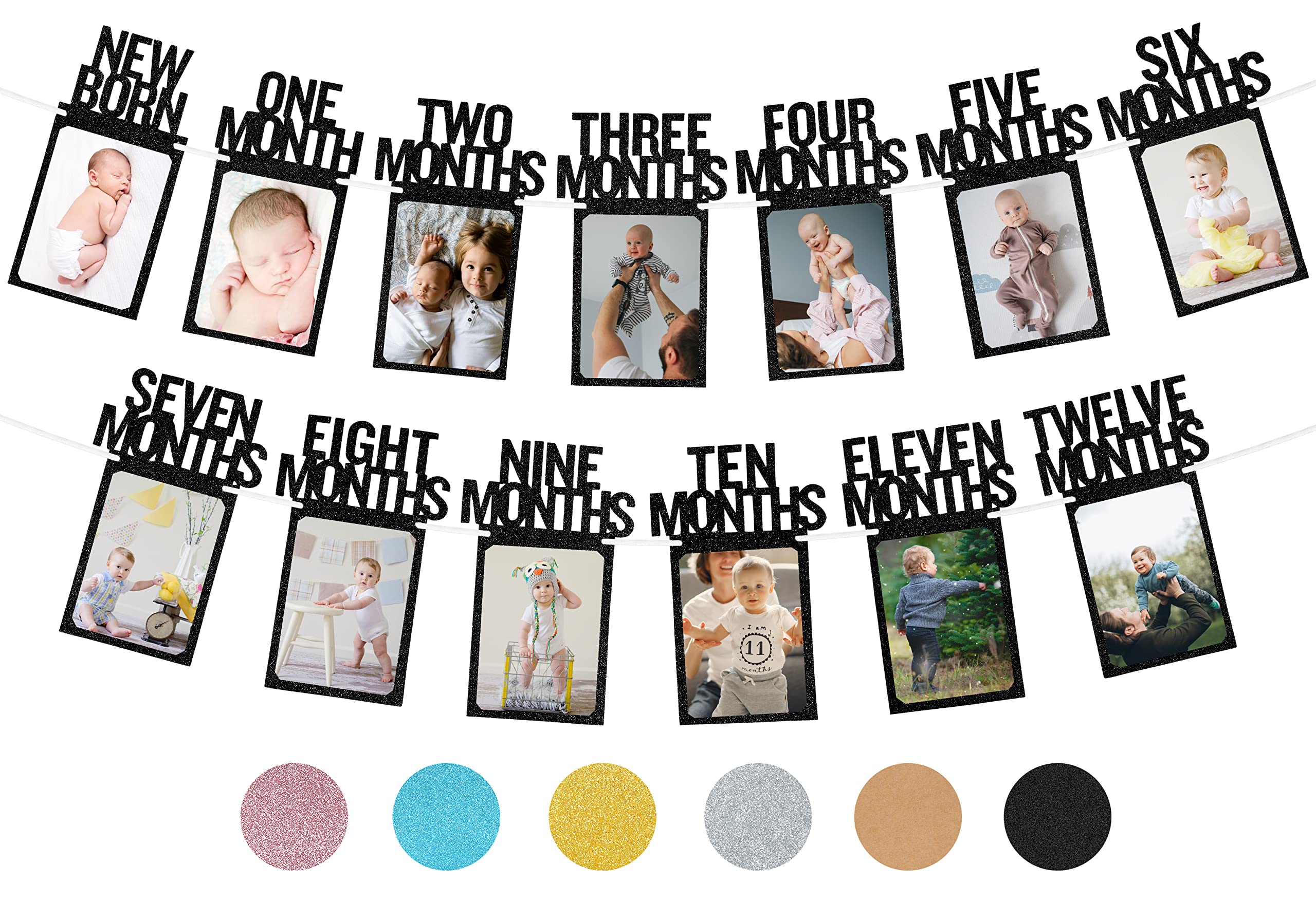 PartyHooman 1st Birthday Photo Banner - Newborn to 12 Months Milestone Garland for Baby Girls & Boys | First Birthday Decorations with Pre-strung Frame (Black) | Perfect for Birthday Parties, Baby Showers & Monthly Milestone Photos