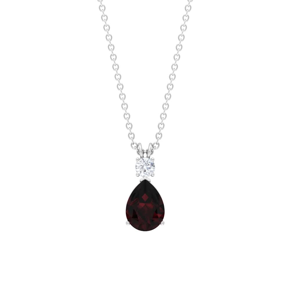 14K Solid Gold Garnet Teardrop Pendant Necklace - Pear Cut January Birthstone with Moissanite Accents | Elegant Minimalist Jewelry for Women, Perfect Gift for Birthday, Anniversary & Valentine's Day
