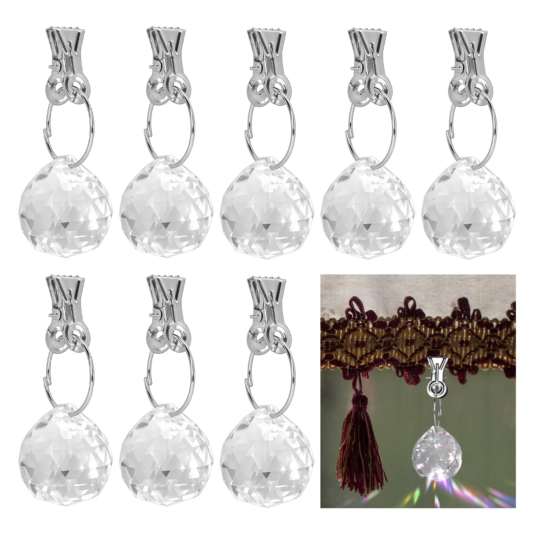 8 Pcs Clear Crystal Outdoor Curtain Weights - 3.2oz Heavy Duty Decorative Drapery Weights with Rust-Proof Stainless Steel Clips for Curtains, Tablecloths & Garden Flags - Perfect for Patio, Porch and Outdoor Decor