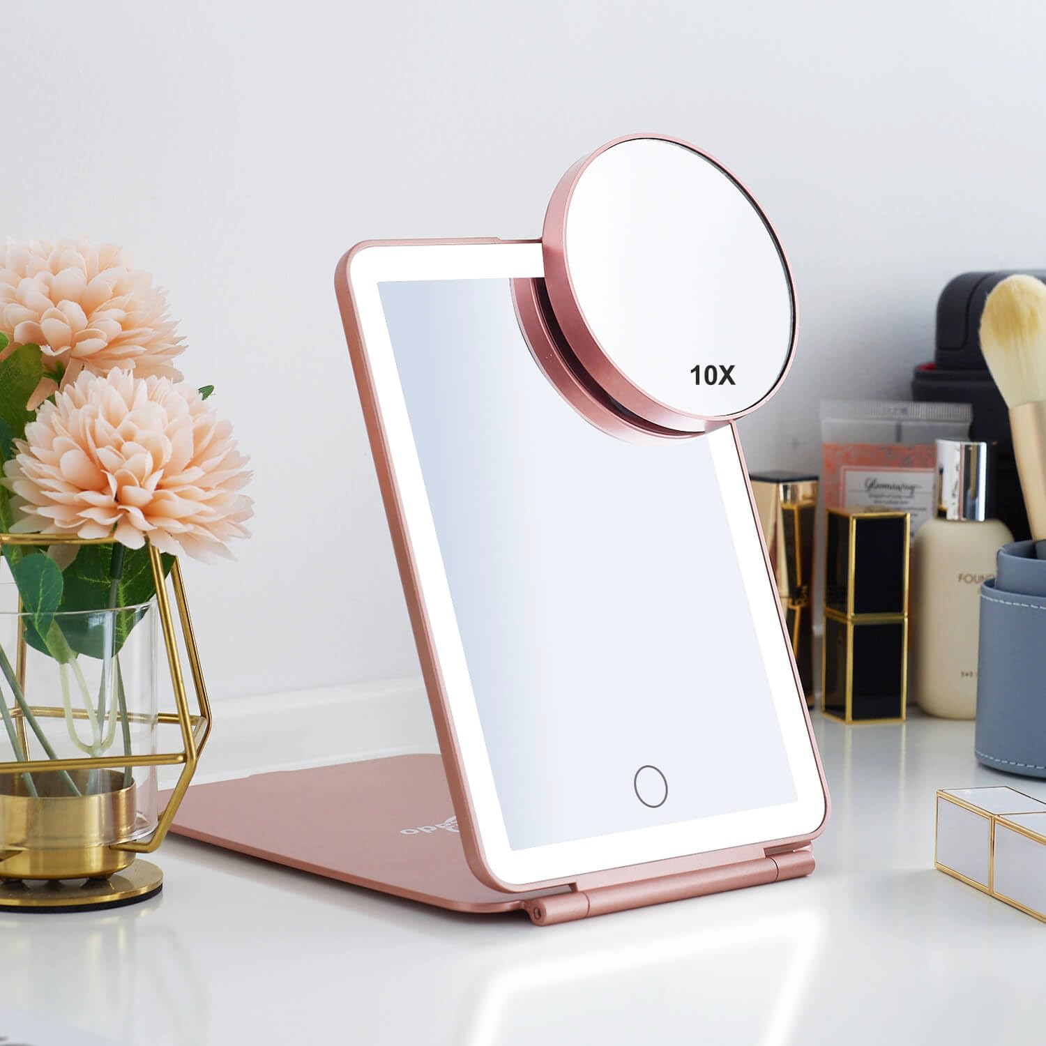5x7 Inch LED Foldable Travel Makeup Mirror with 3 Color Light Modes, USB Rechargeable Touch Screen - Portable Tabletop Cosmetic Mirror for Travel, Home, Office (Rose Gold) | Perfect for Makeup Application, Vanity Decor & On-the-Go Touchups
