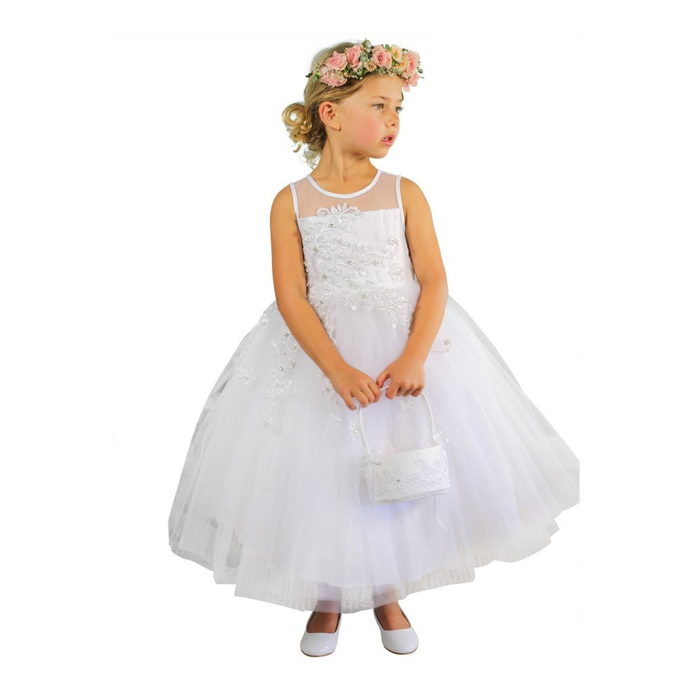 Big Girls Ivory Illusion Neckline Floral Lace Flower Girl Dress Size 8-12 - Perfect for Weddings, Baptisms & Special Occasions