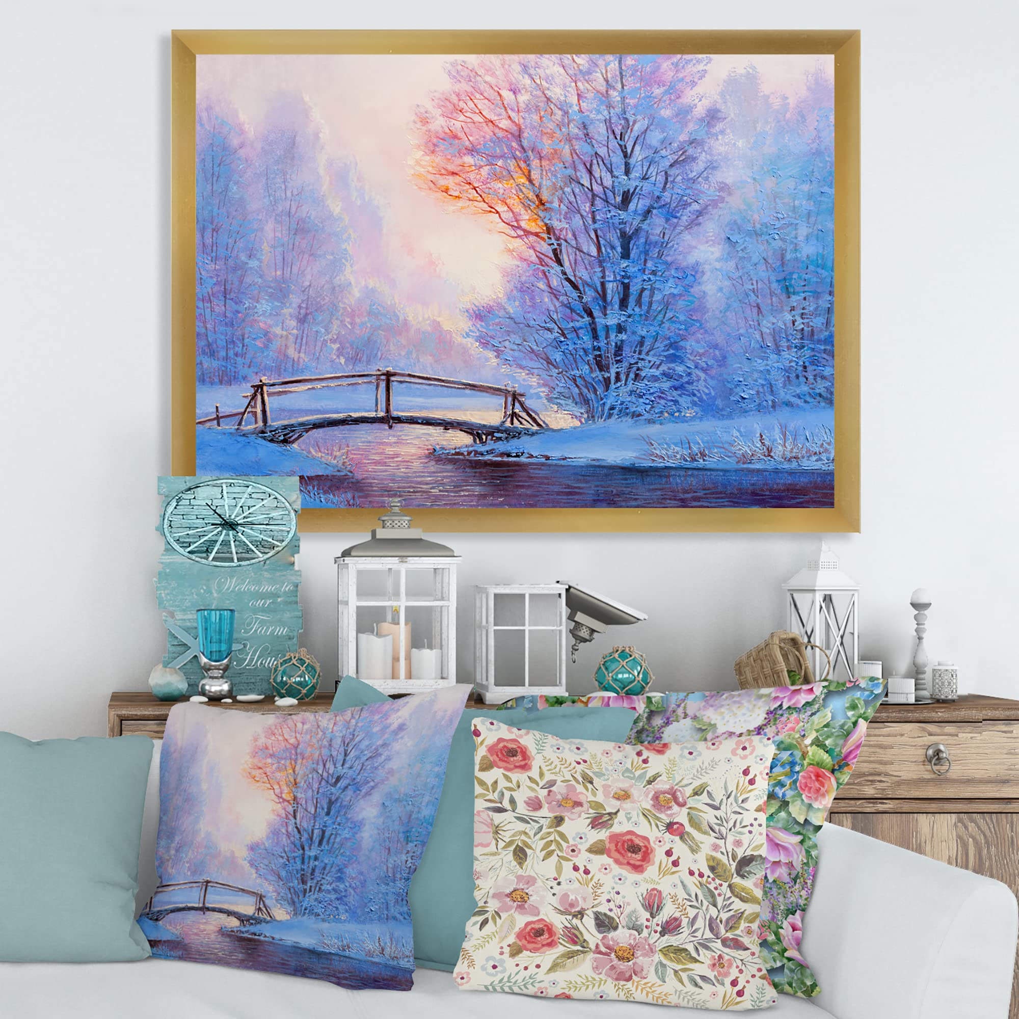 Winter Landscape River Bridge Lake House Framed Wall Art - Perfect for Living Room, Bedroom & Office Decor