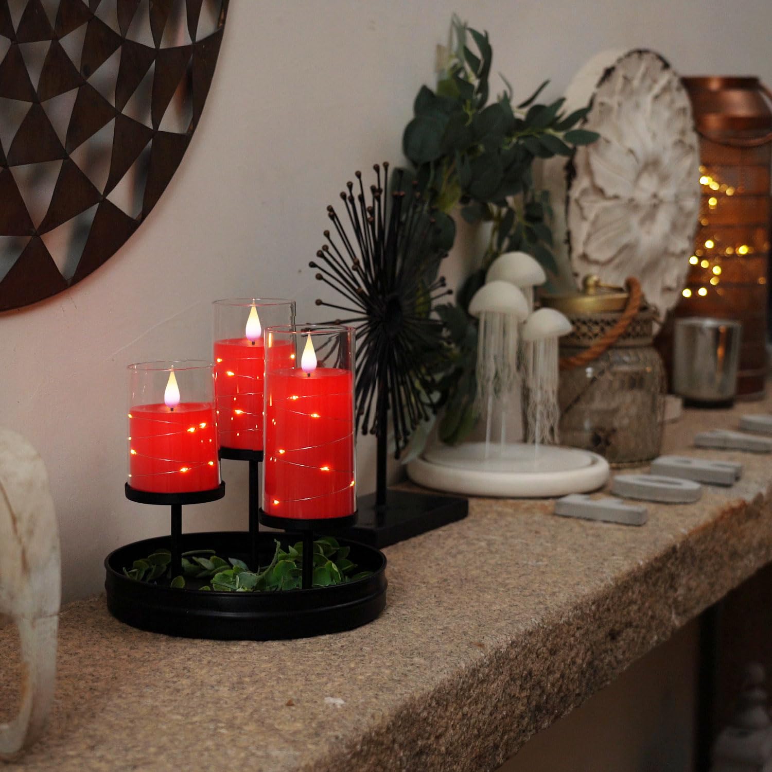 Homemory Flickering Flameless LED Candles with Remote - Set of 3 Battery Operated Candles with Embedded String Lights, Shatterproof Plexiglass Design (Red) - Perfect for Christmas Decor, Wedding Centerpieces & Cozy Home Ambiance