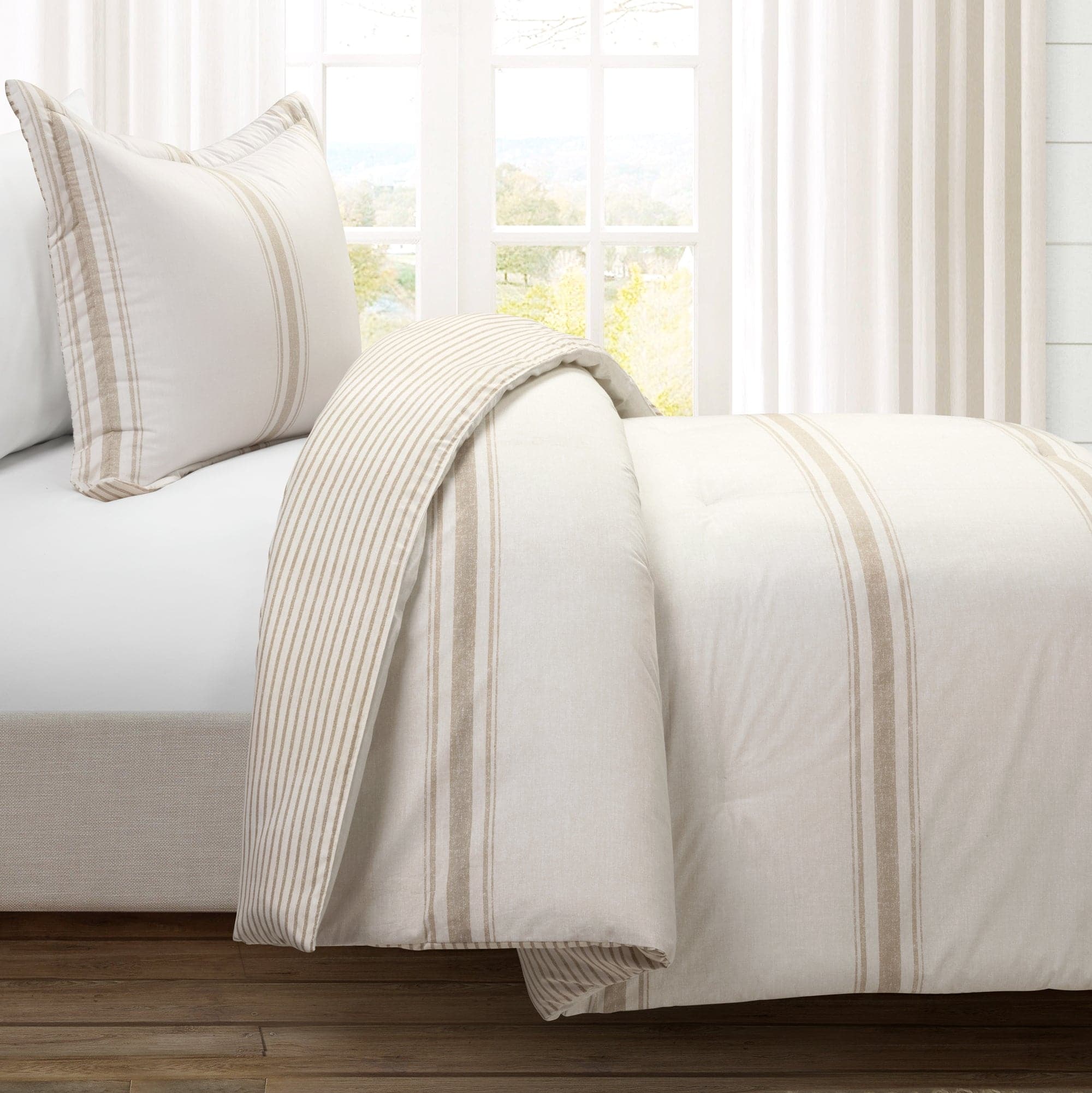 Farmhouse Stripe Reversible Comforter Set - Queen Size, Soft Breathable Cotton Bedding - Perfect for Cozy Bedroom Decor & Guest Room Styling