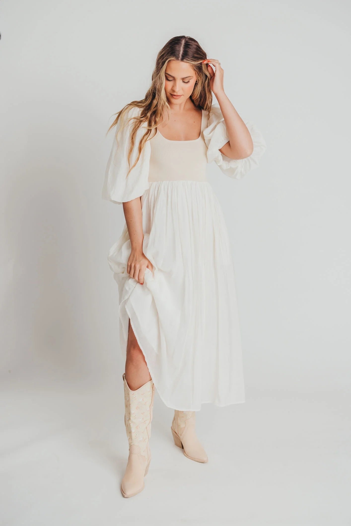Raina Women's Maternity Midi Dress with Puff Sleeves - Bump Friendly Flowy Dress in Natural for Pregnancy, Nursing & Special Occasions