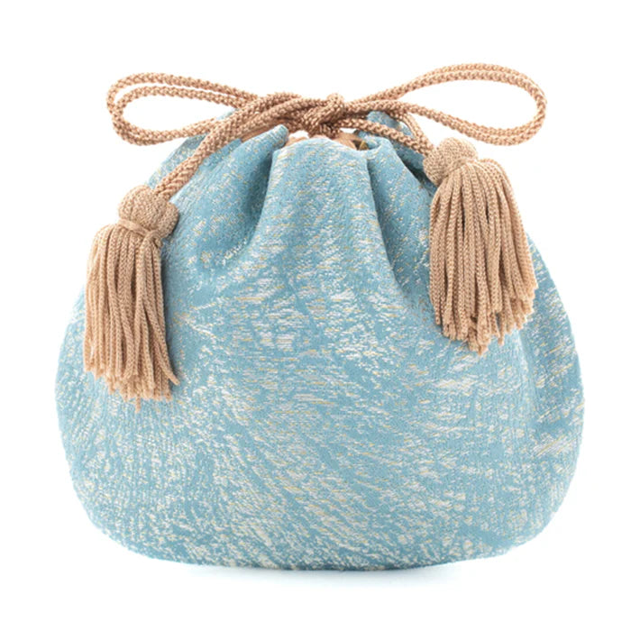 Nishijin Ori Small Drawstring Bag - Crumpled Blue Pattern - Handmade Kyoto Japan - Traditional Japanese Craft Purse - Perfect for Jewelry, Coins & Gift Giving