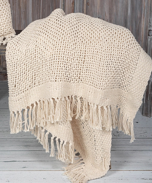 Soft Cream Cotton Knit Throw Blanket with Fringe - Cozy Handmade Knitted Blanket for Couch, Bed & Nursery Decor - Perfect for Winter, Gifts & Home Styling