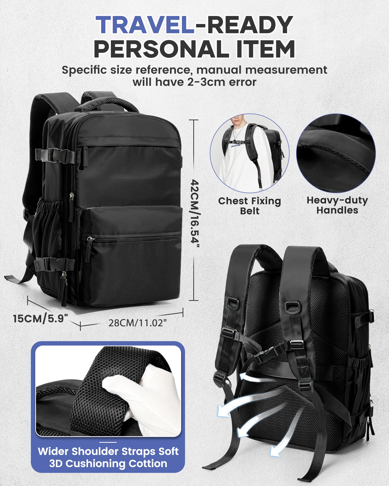 BOXSAM Large Vacuum Travel Backpack with Hand Pump - 18x14x8 Inch Flight Approved Carry-On Backpack for Women & Men, Waterproof Laptop Daypack with Compression Bags for Work, Gym & Air Travel - Black