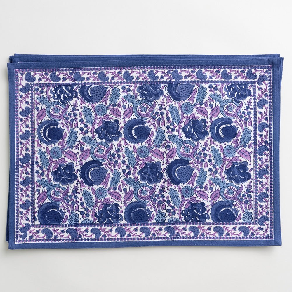Bohemian Floral Blue & Purple Placemats Set of 4 - Waterproof & Heat Resistant Dining Table Mats for Kitchen, Dining Room, and Outdoor Picnics