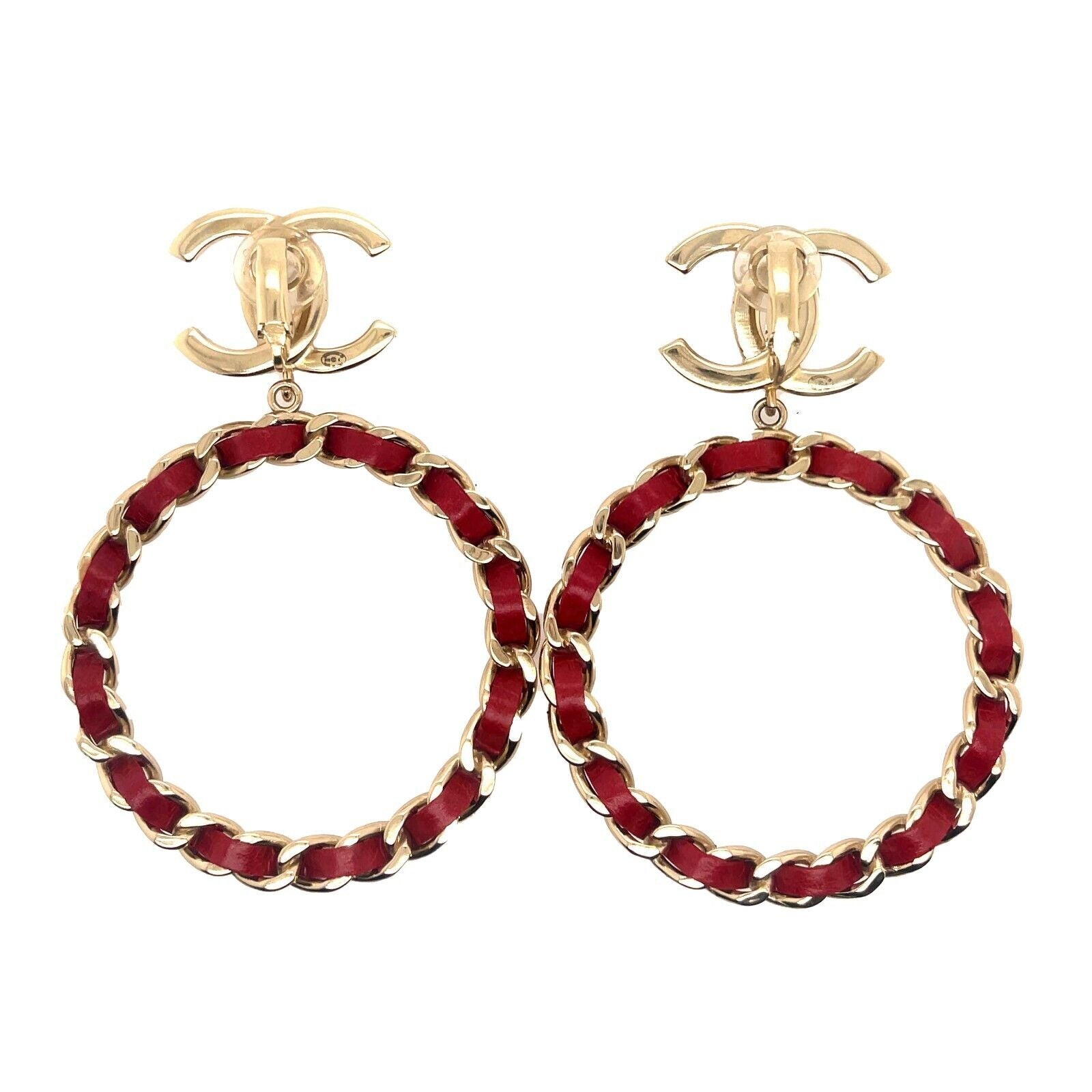 CHANEL 19K CC Chain Hoop Clip-On Earrings in Champagne Gold & Quilted Red - Luxury Fashion Jewelry for Women, Perfect for Parties, Weddings & Special Occasions