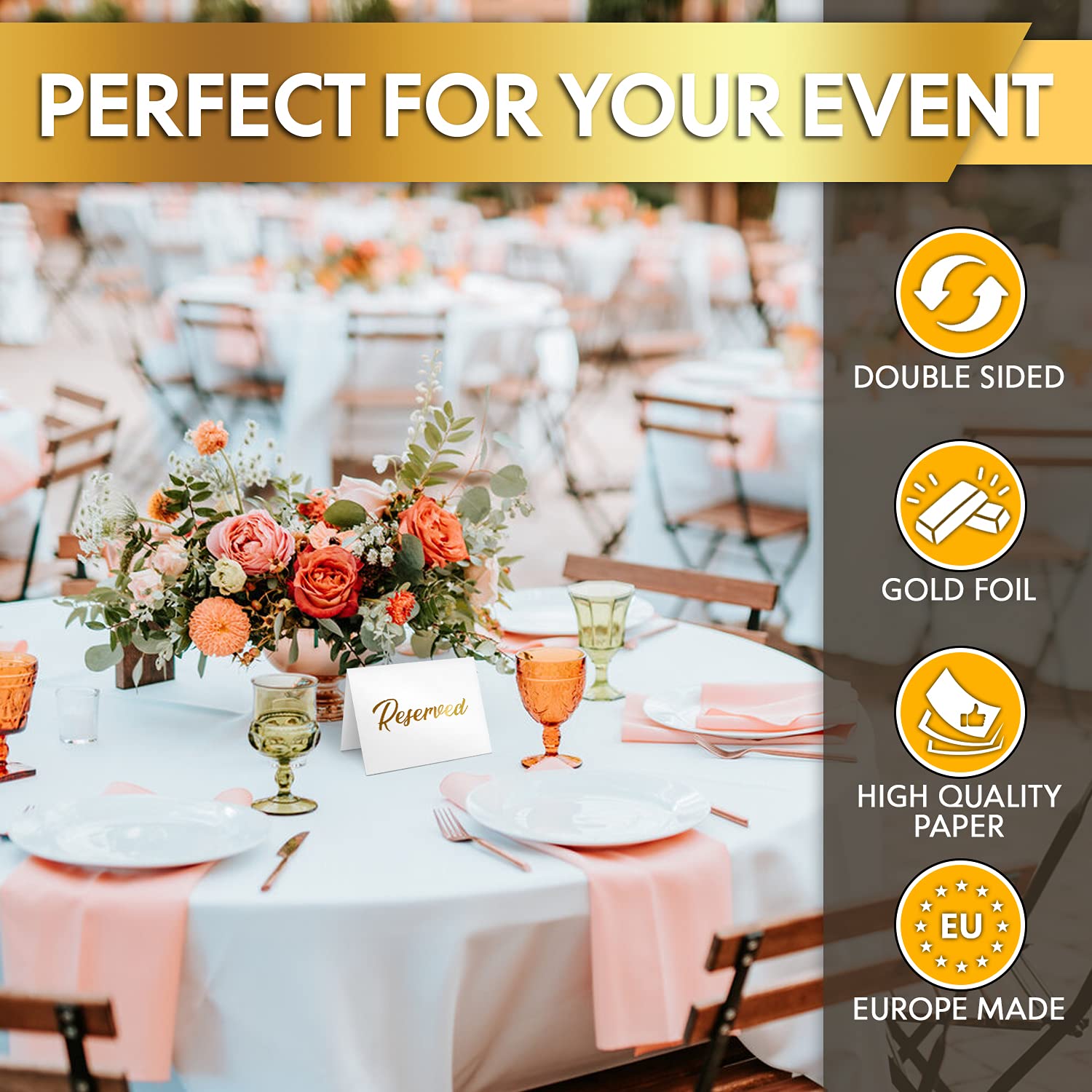 10-Pack White Reserved Table Signs with Gold Foil Design - Elegant Double-Sided Cardstock Table Tent Cards for Weddings, Banquets & Parties - Perfect for Reserved Seating at Events, Receptions & Special Occasions