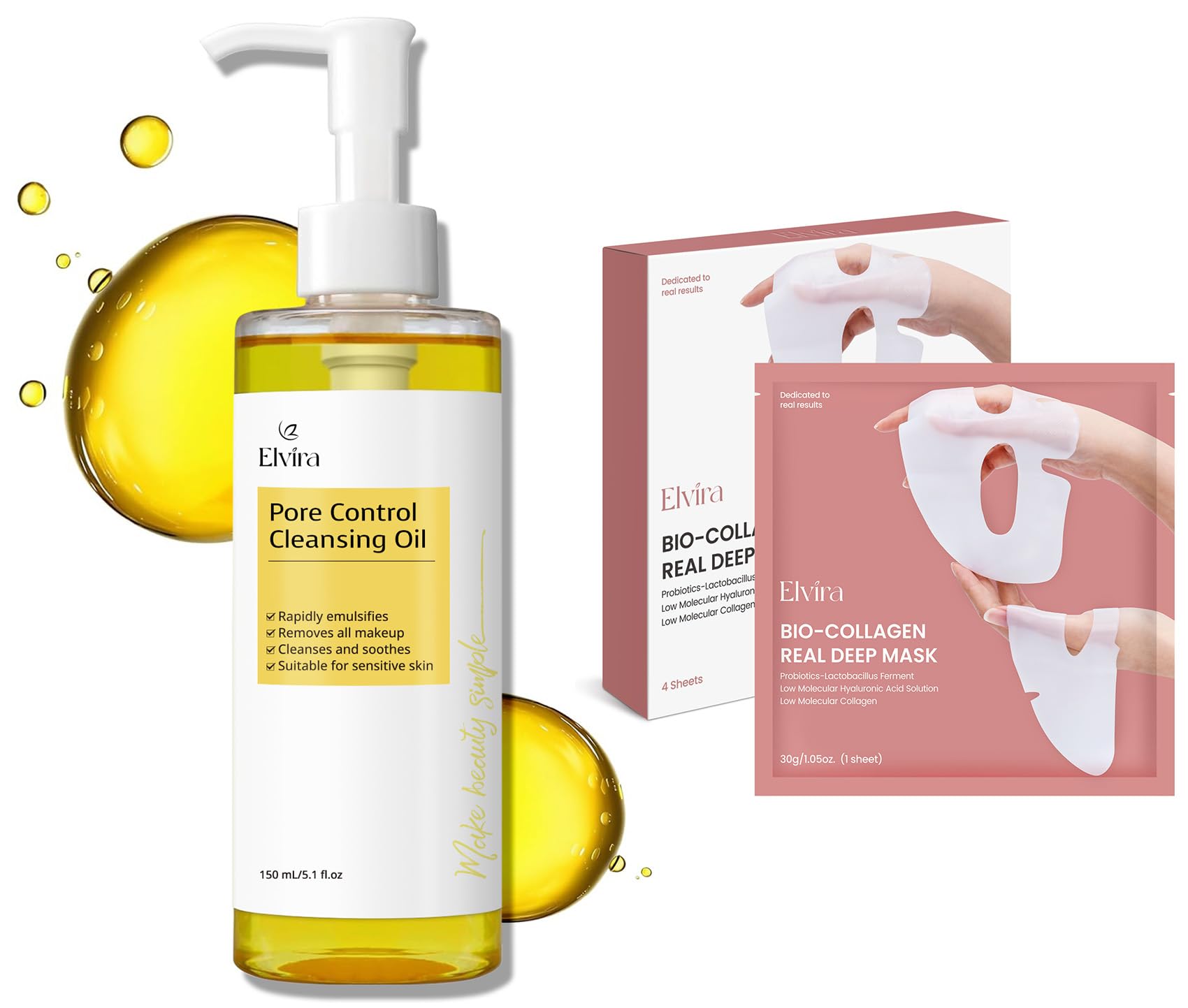 Elvira Pore Control Cleansing Oil & Bio-Collagen Face Mask Set - Korean Skincare for Sensitive Skin | Makeup Remover, Blackhead Removal, Firming & Hydrating Treatment | 4 Sheet Masks Bundle - Perfect for Night Routine, Spa Day & Travel Skincare
