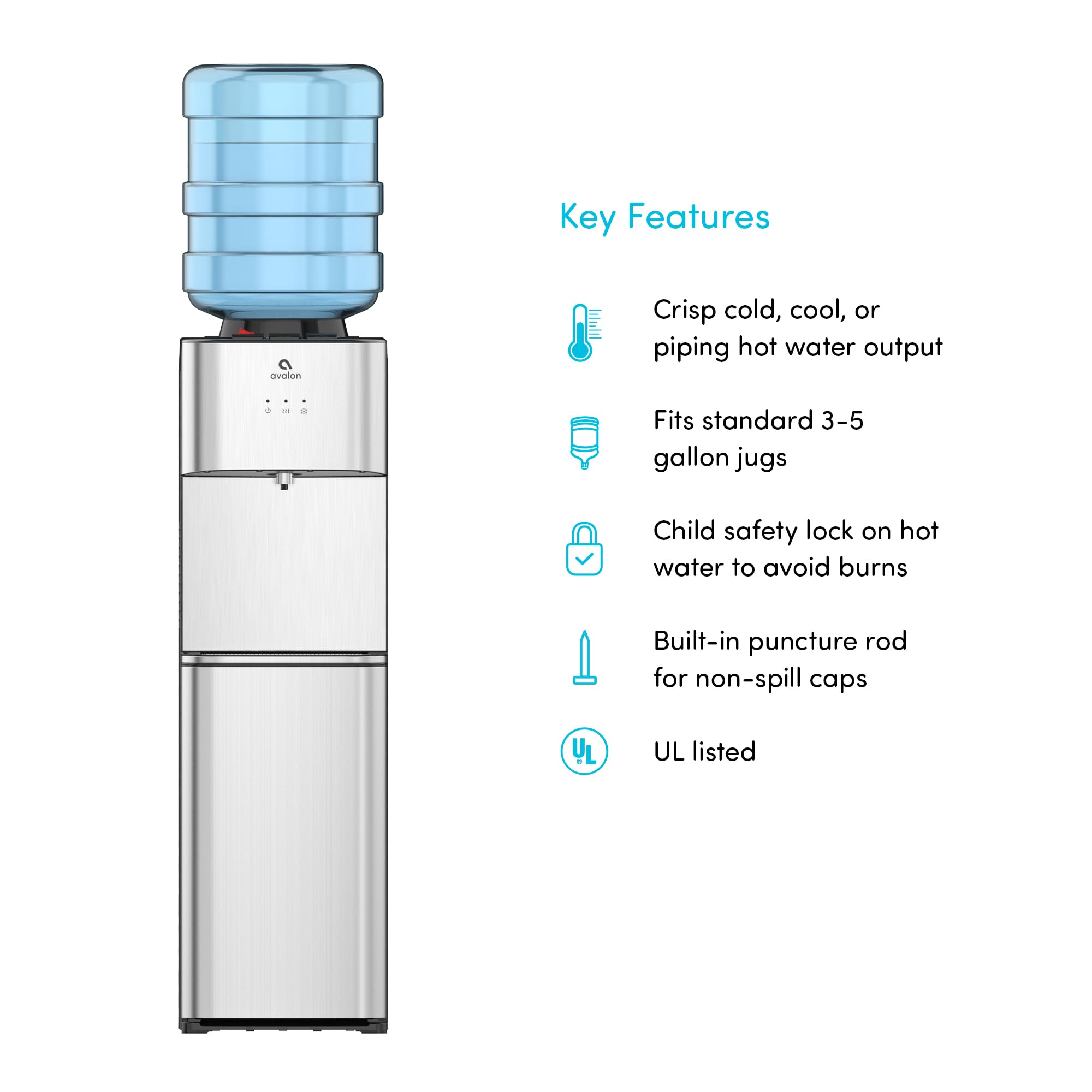 Avalon A10 Top Loading Water Cooler Dispenser with 3 Temperature Settings & Child Safety Lock - UL Certified Stainless Steel - Perfect for Home, Office & Kitchen Use