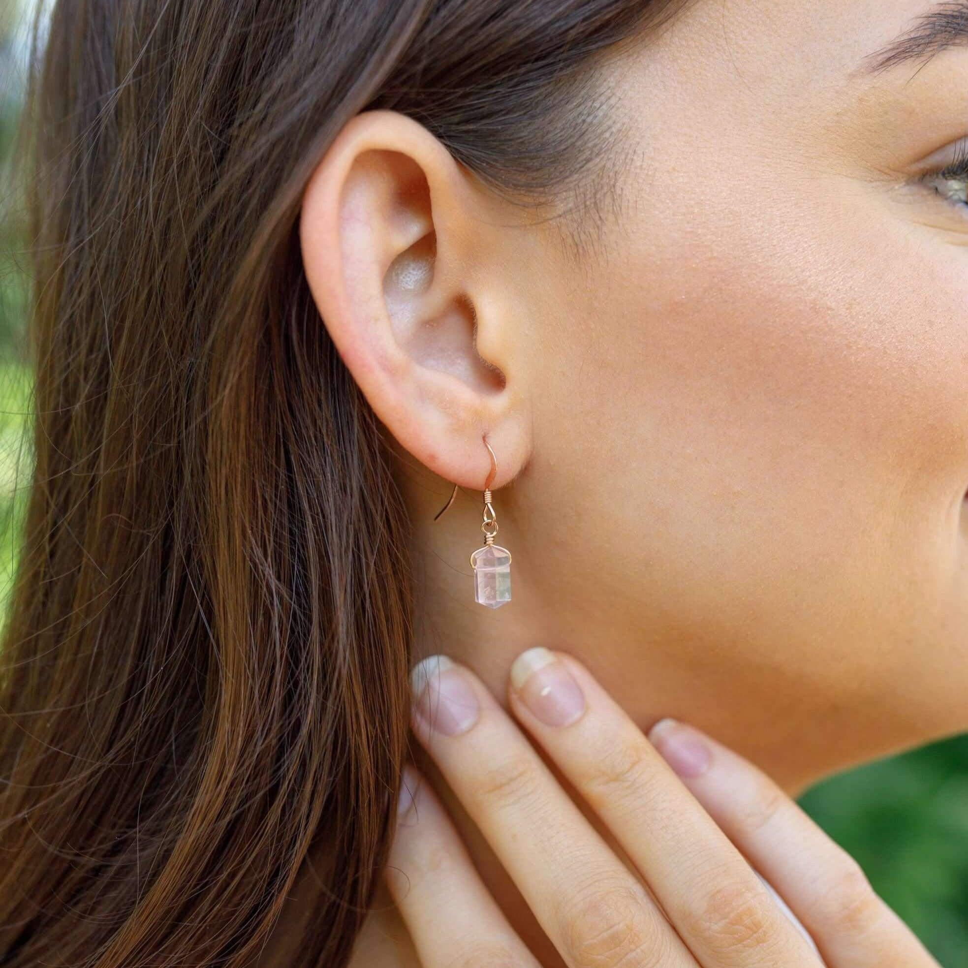 Rose Quartz Mini Double Terminated Crystal Point Dangle Drop Earrings for Women - Healing Stone Jewelry for Chakra Balancing & Positive Energy - Perfect for Meditation, Yoga & Spiritual Gifts