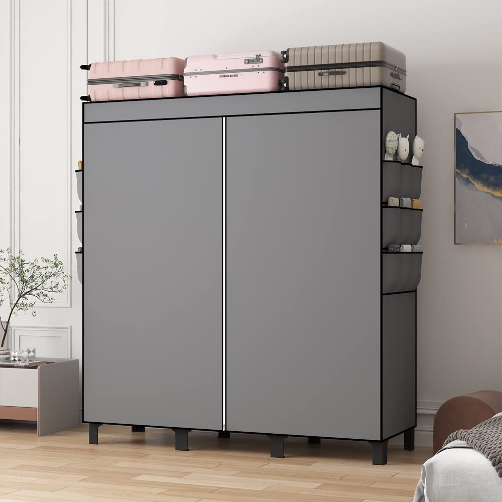 Portable Wardrobe Closet for Bedroom - Heavy Duty Black Clothes Hanging Organizer with 3 Rods, 6 Shelves & Side Pocket (51
