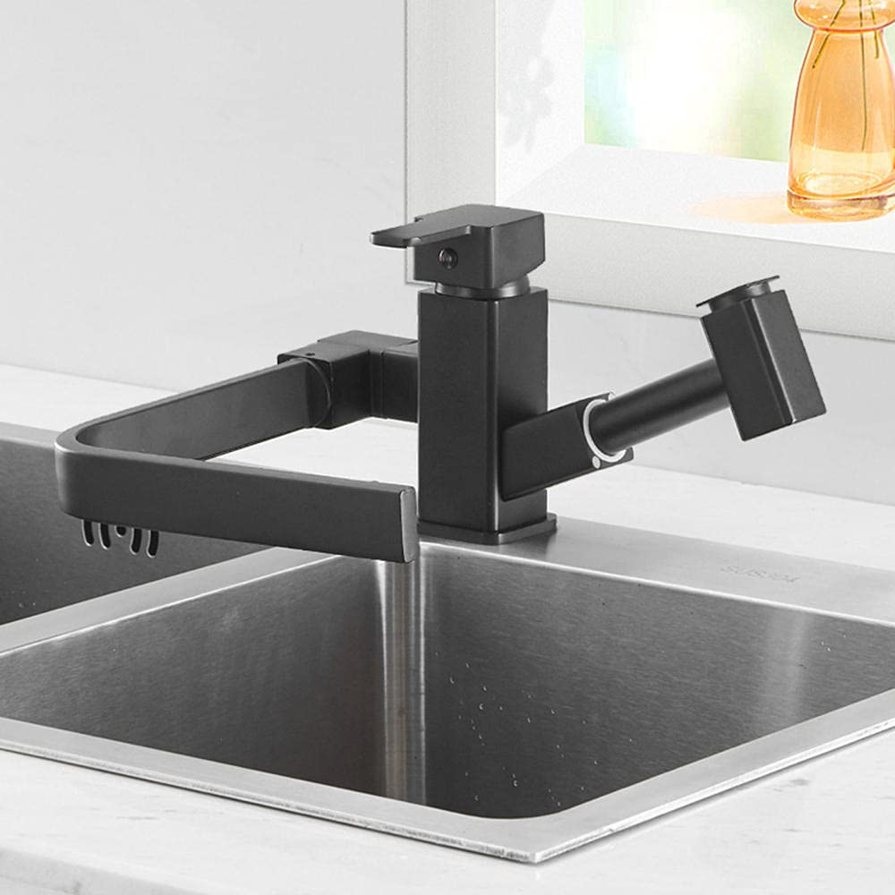 Black Pull-Down Kitchen Sink Faucet with Sprayer - Solid Brass Modern Waterfall Mixer Tap for Farmhouse & RV - Perfect for Washing Dishes, Filling Pots & Cleaning Large Sinks