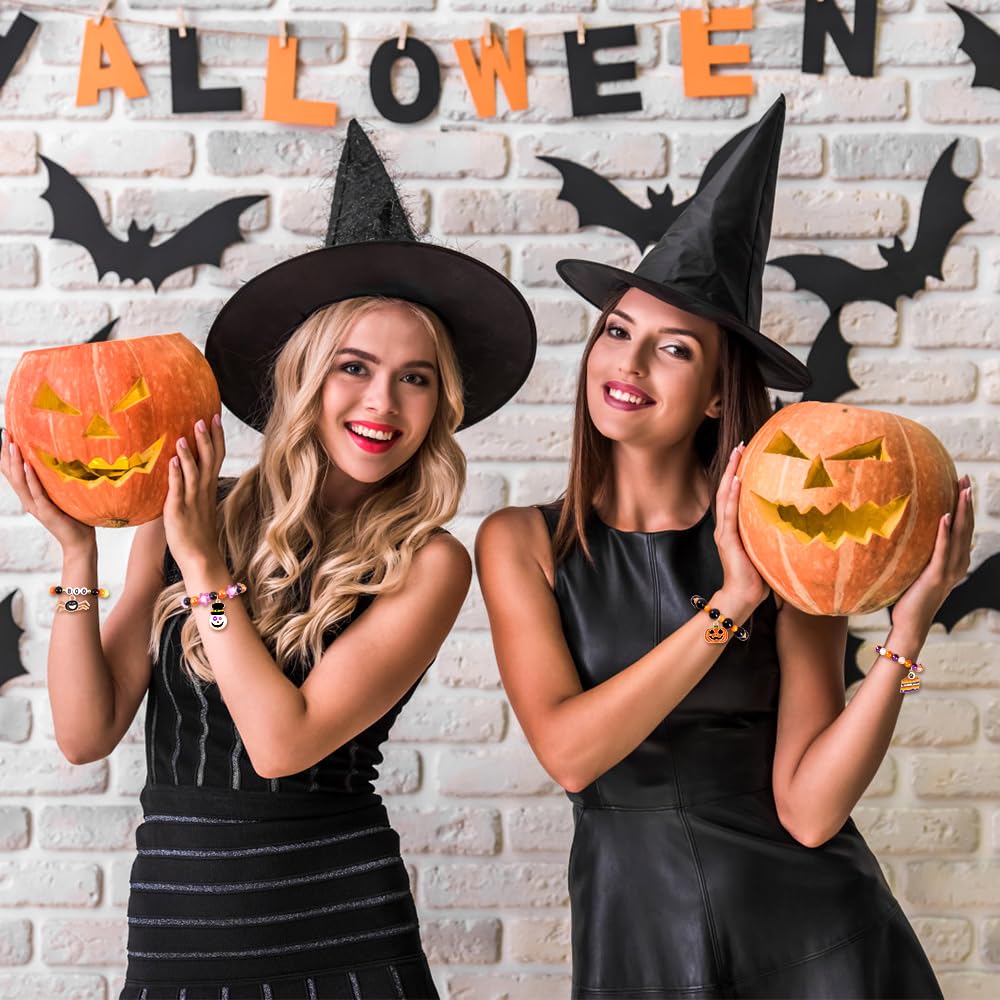 12pcs Halloween Bracelets for Kids - Trick or Treat Party Favors, Glow in the Dark Beaded Bracelets with Charms Set for Boys & Girls - Perfect for Halloween Goodie Bags, Classroom Prizes & Costume Accessories
