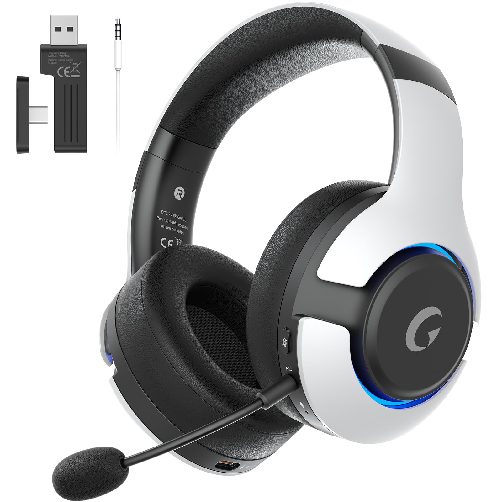 Wireless Gaming Headset for PS5, PS4, PC, Mac, Nintendo Switch - Bluetooth 5.3 Headphones with Noise Cancelling Mic, 45H Battery, RGB Lighting (White) - Perfect for Elden Ring, Fortnite & Online Gaming