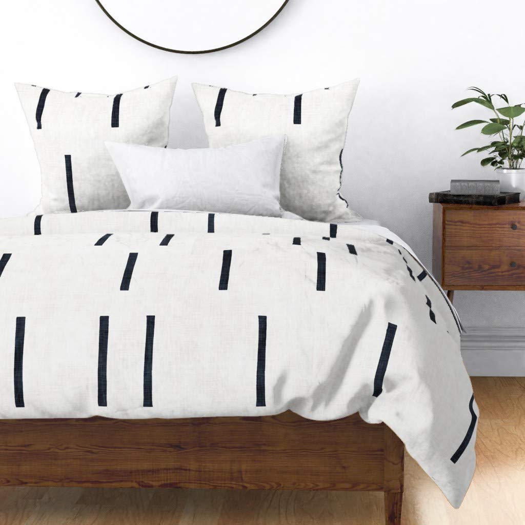 King/California King Cotton Sateen Duvet Cover - Minimalist Boho Mudcloth Design with Black & White Geometric Lines | Custom Bedding by Spoonflower | Perfect for Modern, Bohemian & Scandinavian Bedroom Decor