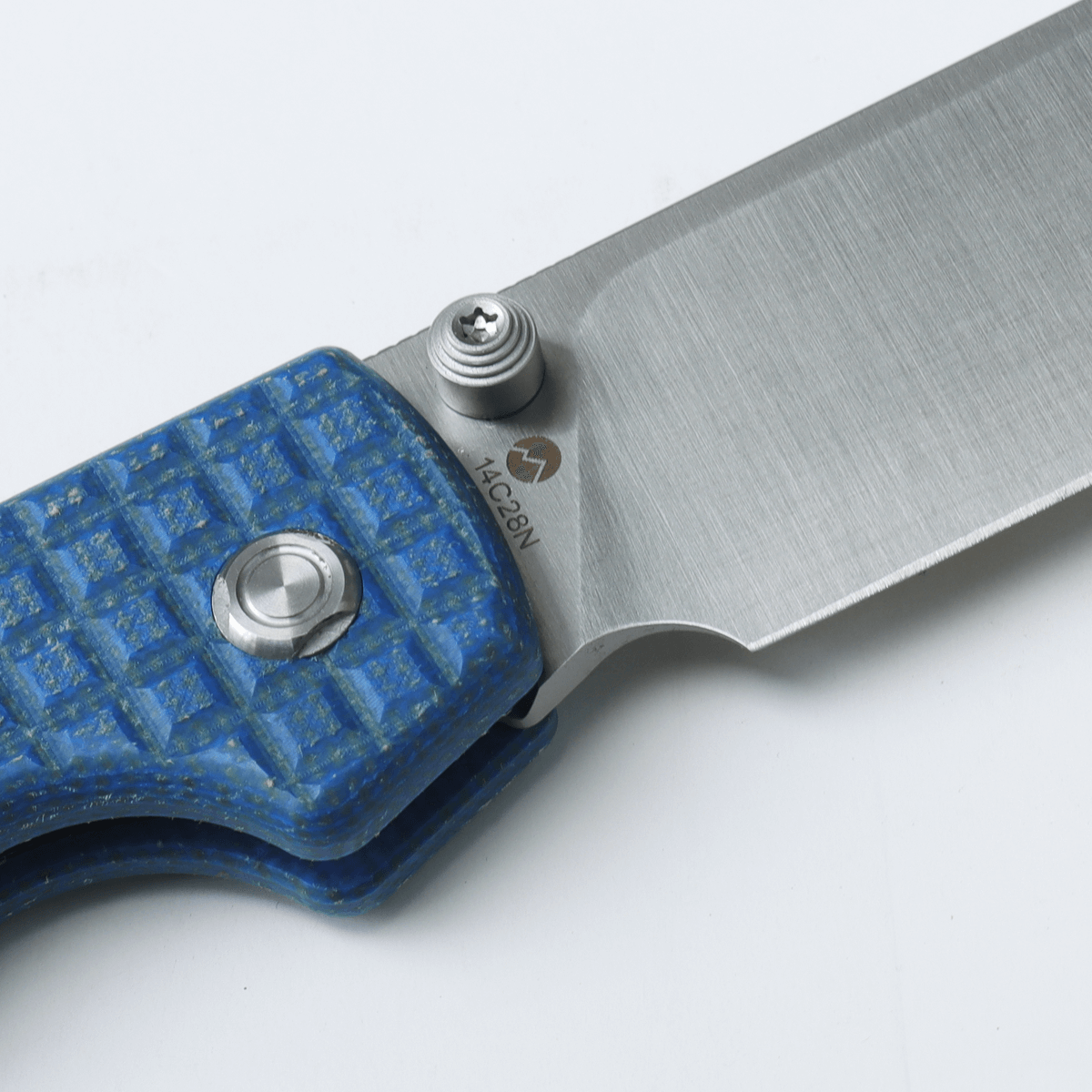 WMK Exclusive Vosteed Raccoon Button Lock Folding Knife - Blue Micarta Frag Pattern Handle, 14C28N Plain Edge RC3SVM17 - Perfect for Camping, Hiking & Everyday Carry (EDC)
