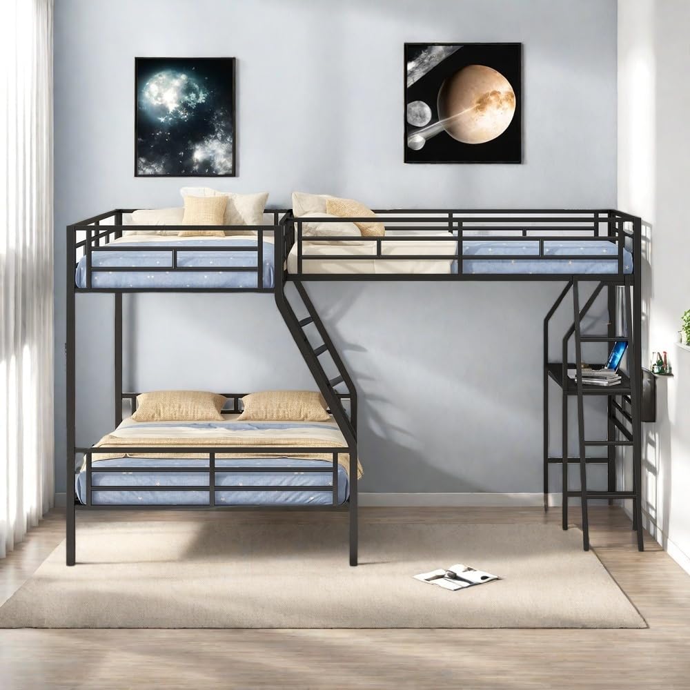 SOFTSEA Triple Bunk Bed with Desk - Twin Over Twin Over Full Metal Loft Bed for 3 Kids, Space-Saving L-Shaped Design with Ladder, No Box Spring Needed - Perfect for Small Bedrooms, Kids' Rooms & Shared Spaces
