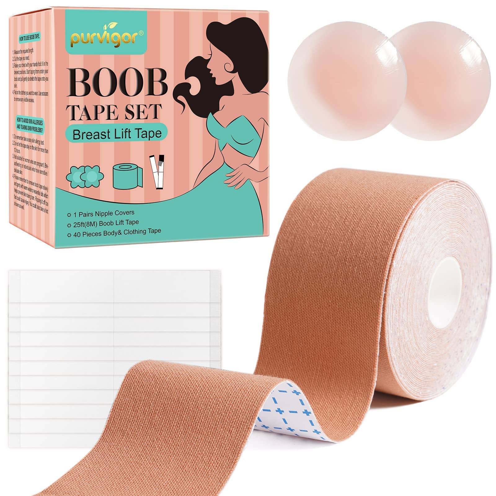 Boob Tape Breast Lift Tape - Adhesive Bra for A-E Cup with 1 Pair Reusable Silicone Nipple Covers & 40Pcs Clothing/Body Tape - Perfect for Backless Dresses, Swimwear & Special Occasions