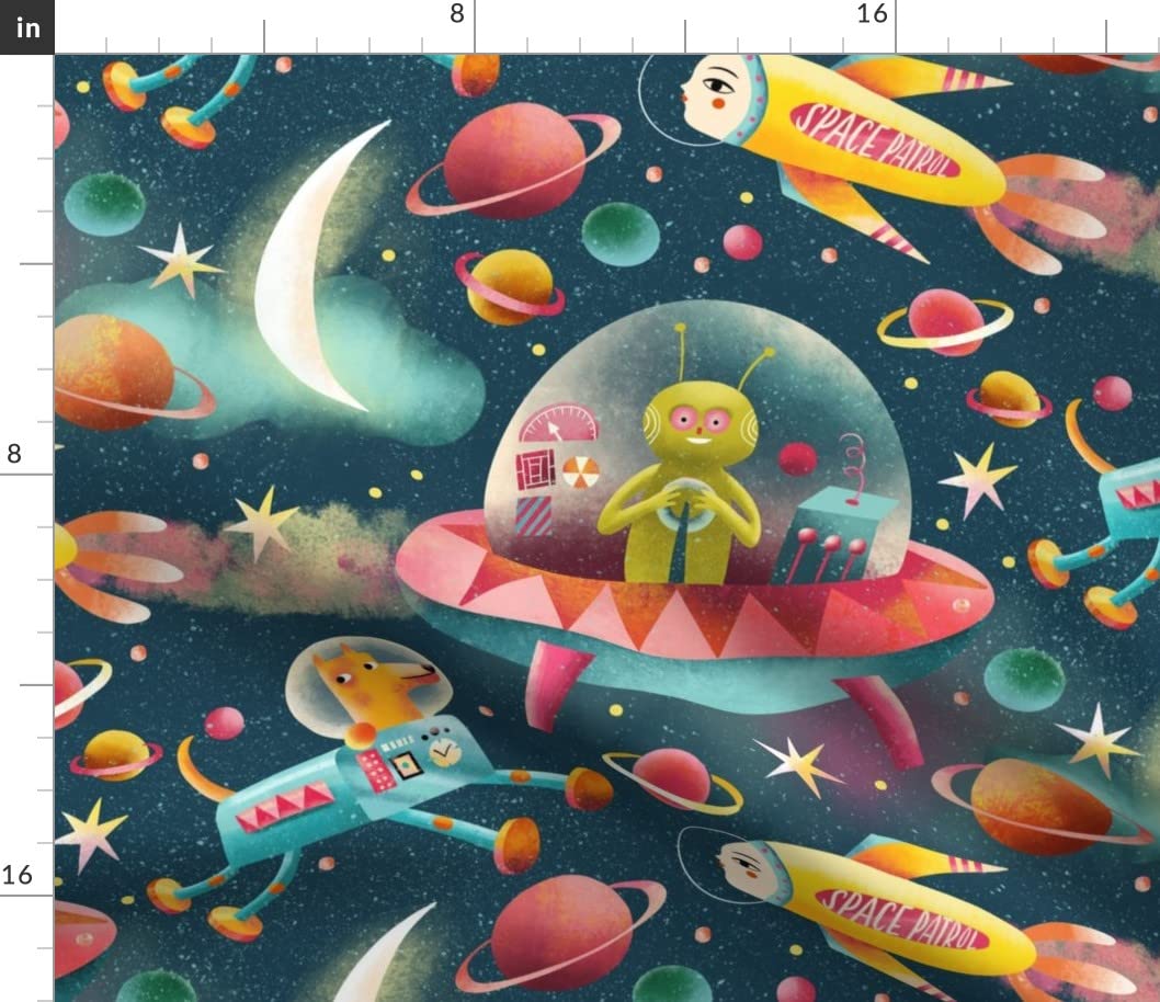Space-Themed Cotton Fabric by Spoonflower - Playful Planets, Robots & Spaceship Print for Sewing, Quilting, Apparel & DIY Crafts | Perfect for Kids' Room Decor, Sci-Fi Costumes & Home Textiles