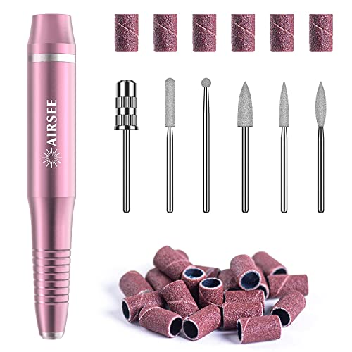 Professional Electric Nail Drill Kit - USB Rechargeable Nail File & Polisher with 6 Drill Bits, 26 Sanding Bands & Glass File for Acrylic Nails, Manicure & Pedicure | Portable Efile for Home & Salon Use (Pink)