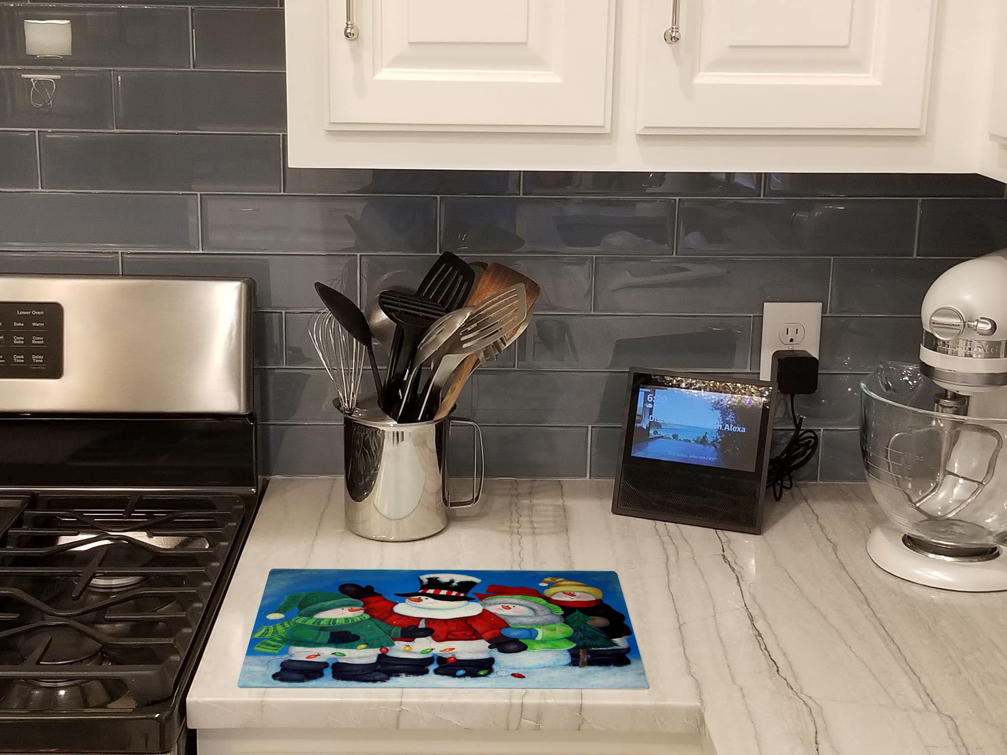 Caroline's Treasures PJC1087LCB The Light Brigade Snowman Tempered Glass Cutting Board - Large Decorative Kitchen Chopping & Serving Board for Holiday Entertaining & Food Prep