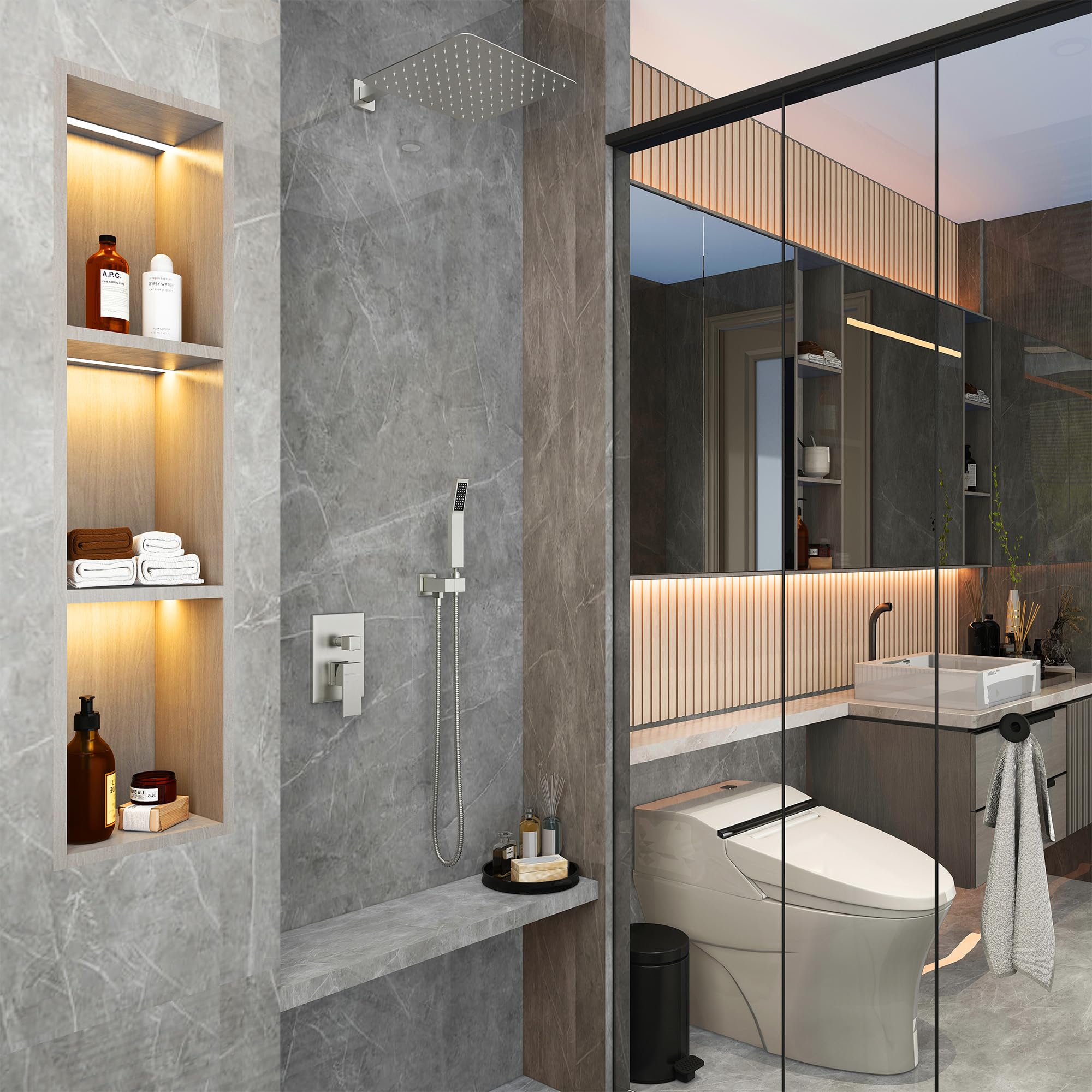 Luxury 10 Inch Rainfall Shower Head System - High Pressure Wall Mounted Shower Faucet with 2-Function Spray - Brushed Nickel Finish for Spa-Like Bathroom Experience | Perfect for Master Bathrooms & Modern Home Renovations