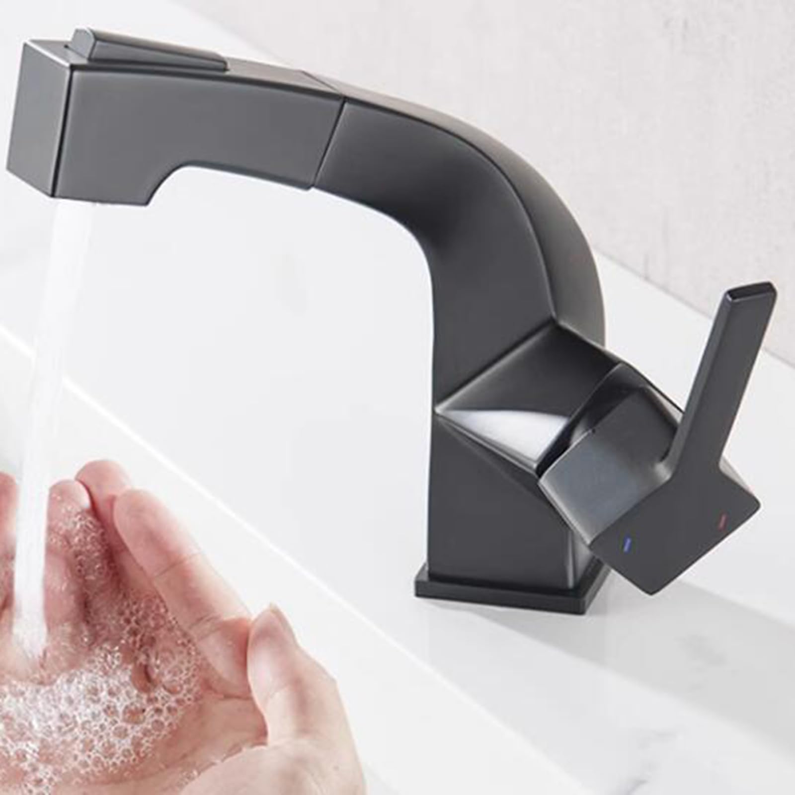 Black Brass Pull-Out Spray Bathroom Sink Faucet - Multi-Function Mixer Basin Tap with Adjustable Spray for Modern Vanities, Kitchen & Utility Sinks - Perfect for Home, Hotel & Commercial Use