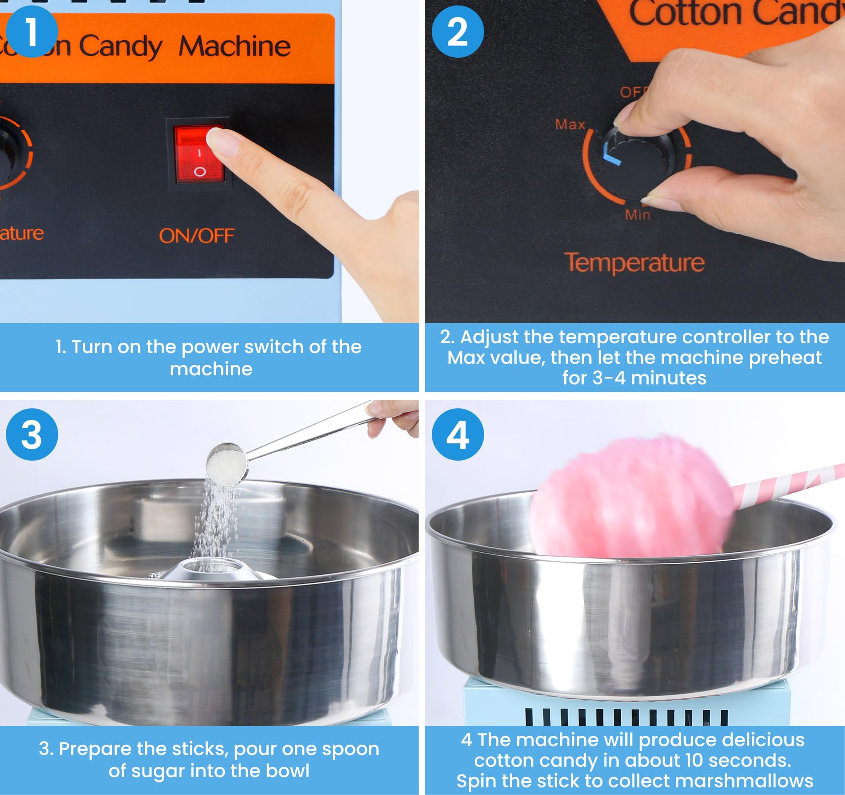 Commercial Cotton Candy Machine 1000W - Electric Candy Floss Maker with Stainless Steel Bowl & Sugar Scoop - Perfect for Kids Birthday Parties, Carnival Events, and Family Gatherings - Blue