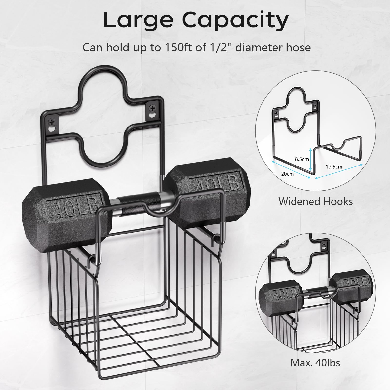 Heavy Duty Metal Hose Holder - Wall Mount with Storage Basket for Garden, Yard, Garage - Durable Outdoor Water Hose Organizer