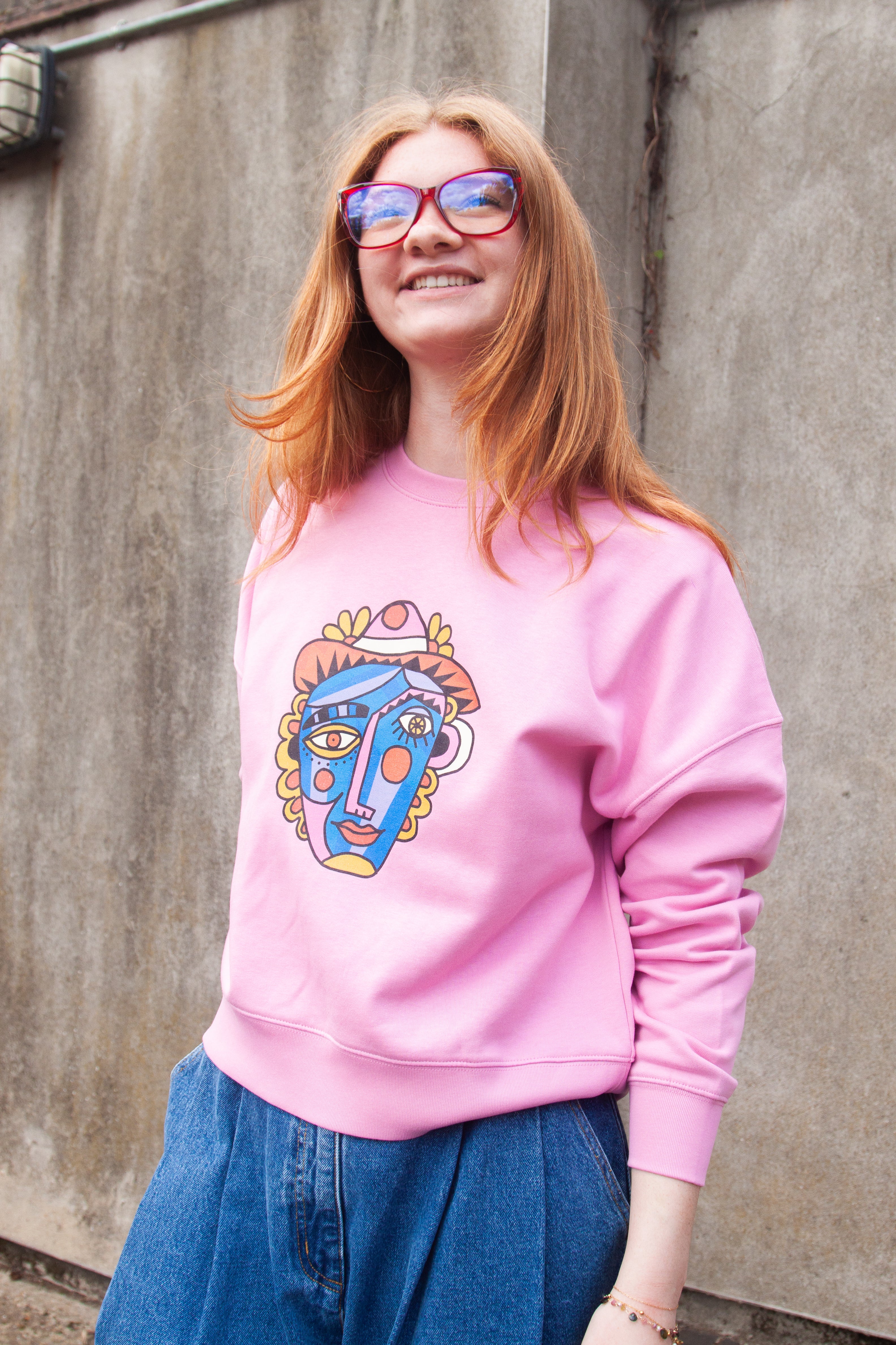 Miss Pompom Pink Picasso Sweatshirt - Women's Cute Fluffy Pullover Sweater for Casual Wear, Street Style & Instagram Outfits