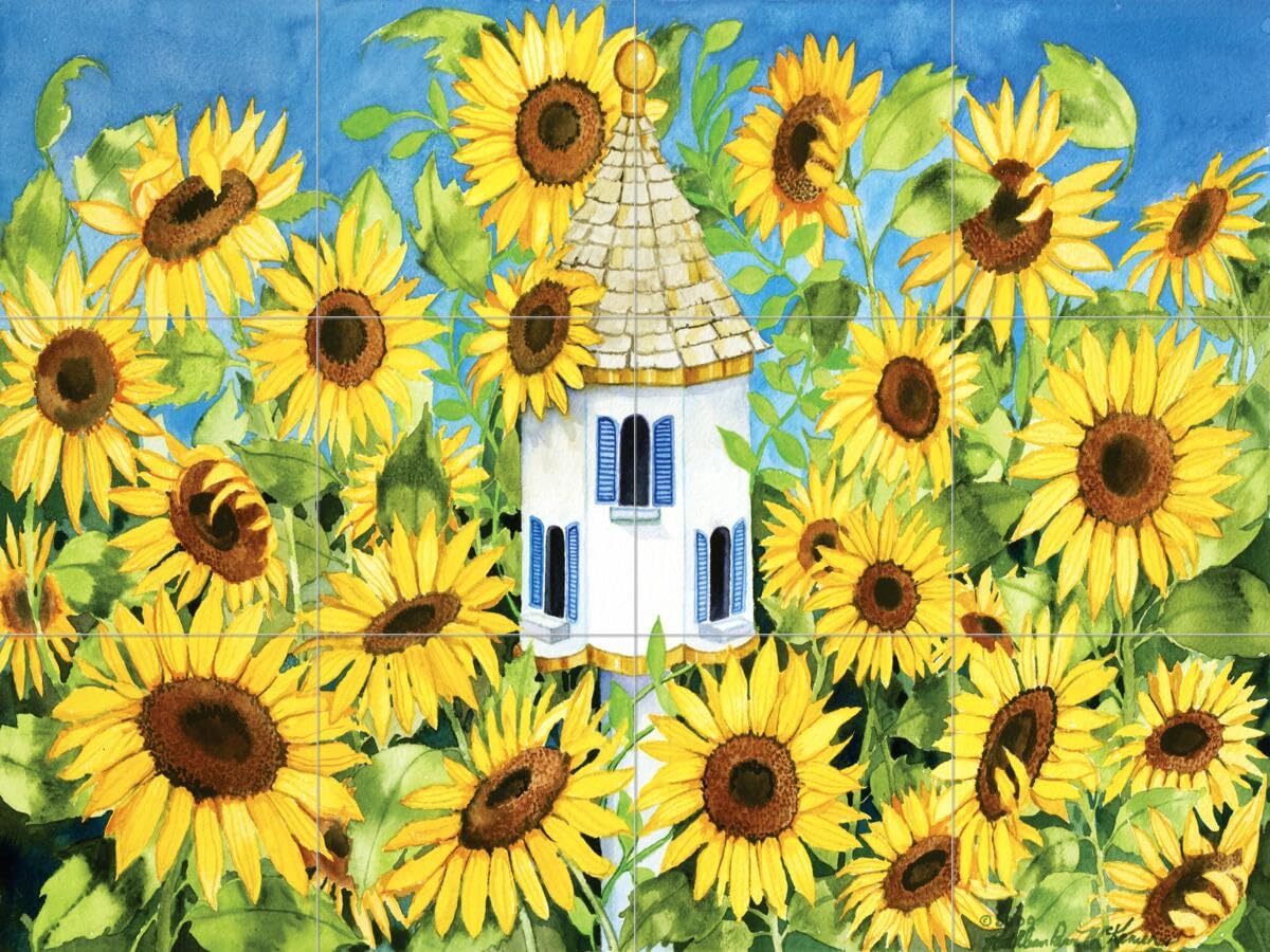 Ceramic Backsplash Tile Mural - Floral Sunflower Design for Kitchen & Bathroom - Provencale Style by Kathleen Parr McKenna - Perfect for Farmhouse, Cottage & Vintage Home Decor