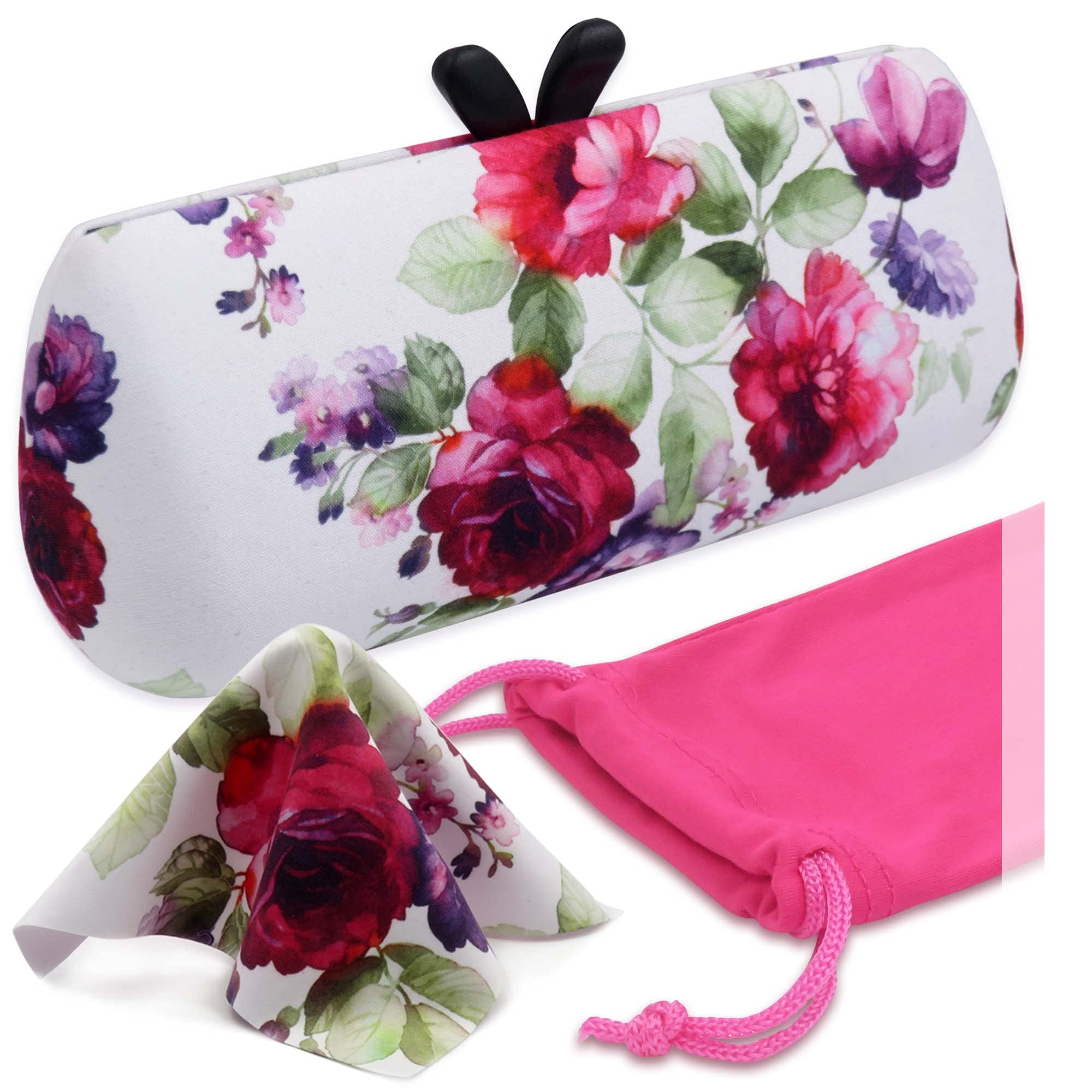 Stylish Women's Hard Glasses Case - Cute Small Sunglasses Holder with Handle - Fashionable Eyeglass Storage with Drawstring Pouch & Cleaning Cloth | Perfect for Travel, Work & Everyday Use