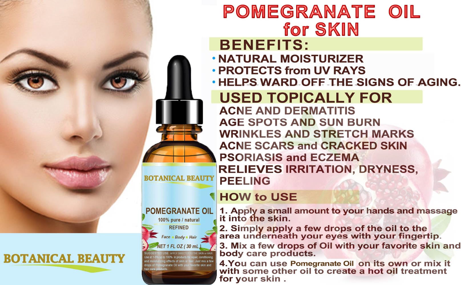 100% Pure Pomegranate Seed Oil - Cold Pressed, Natural & Refined Carrier Oil for Face, Skin, Hair & Nails (4oz/120ml) | Rich in Vitamin C & Antioxidants | Botanical Beauty | Perfect for DIY Skincare, Massage & Hair Treatments