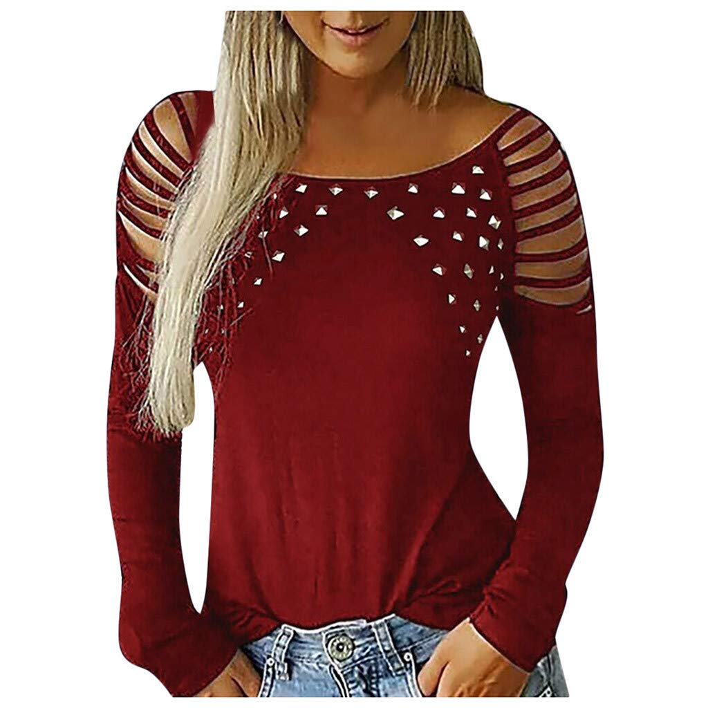 Fashion Women's Hollow-Out T-Shirt with Studded Sleeves - Casual Long Sleeve Plus Size Tops for Exercise & Workout | Perfect for Gym, Yoga, and Everyday Wear