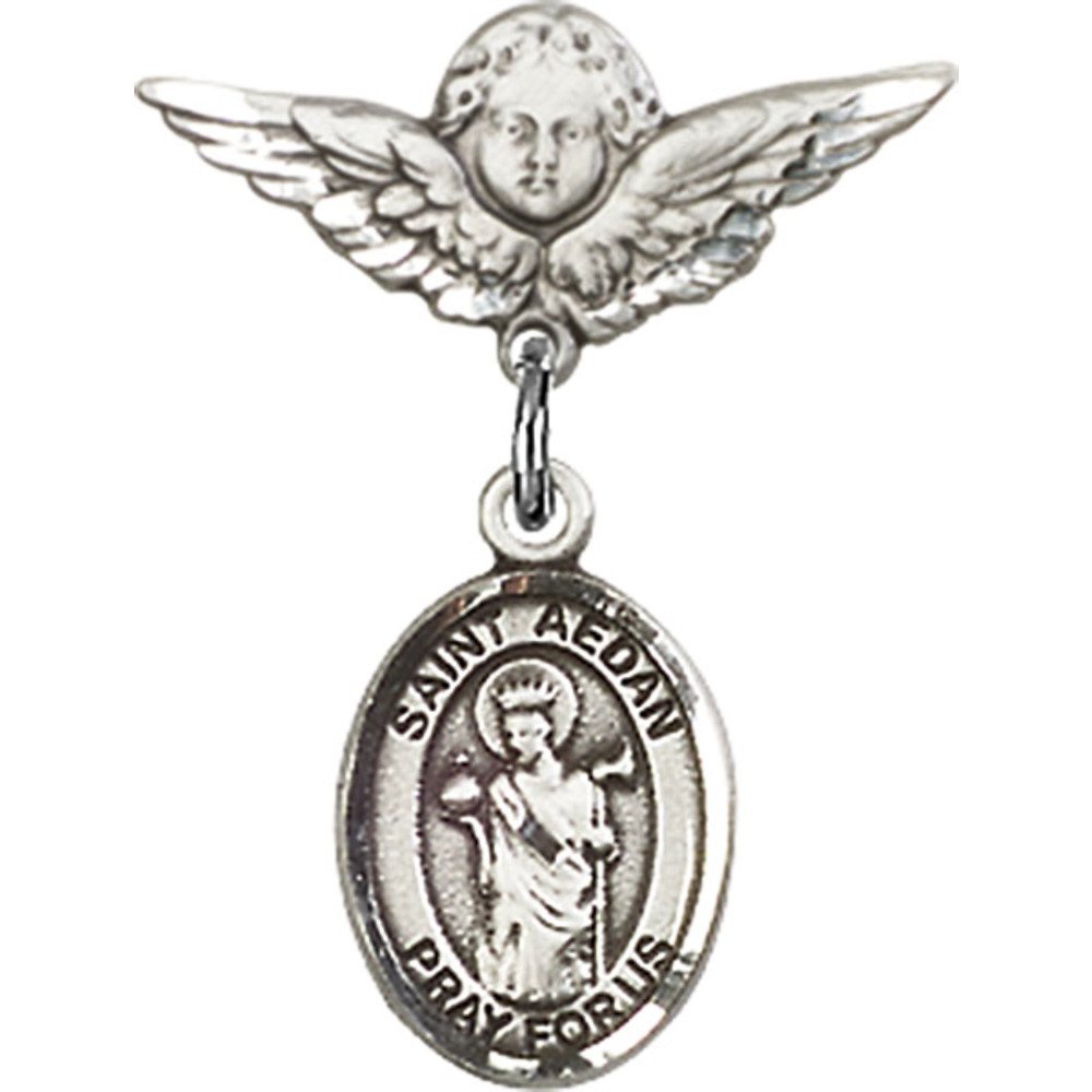 St. Aedan of Ferns Sterling Silver Baby Badge with Angel Wing Charm - 7/8 x 3/4 Inch Religious Pin for Christening, Baptism & First Communion Gifts